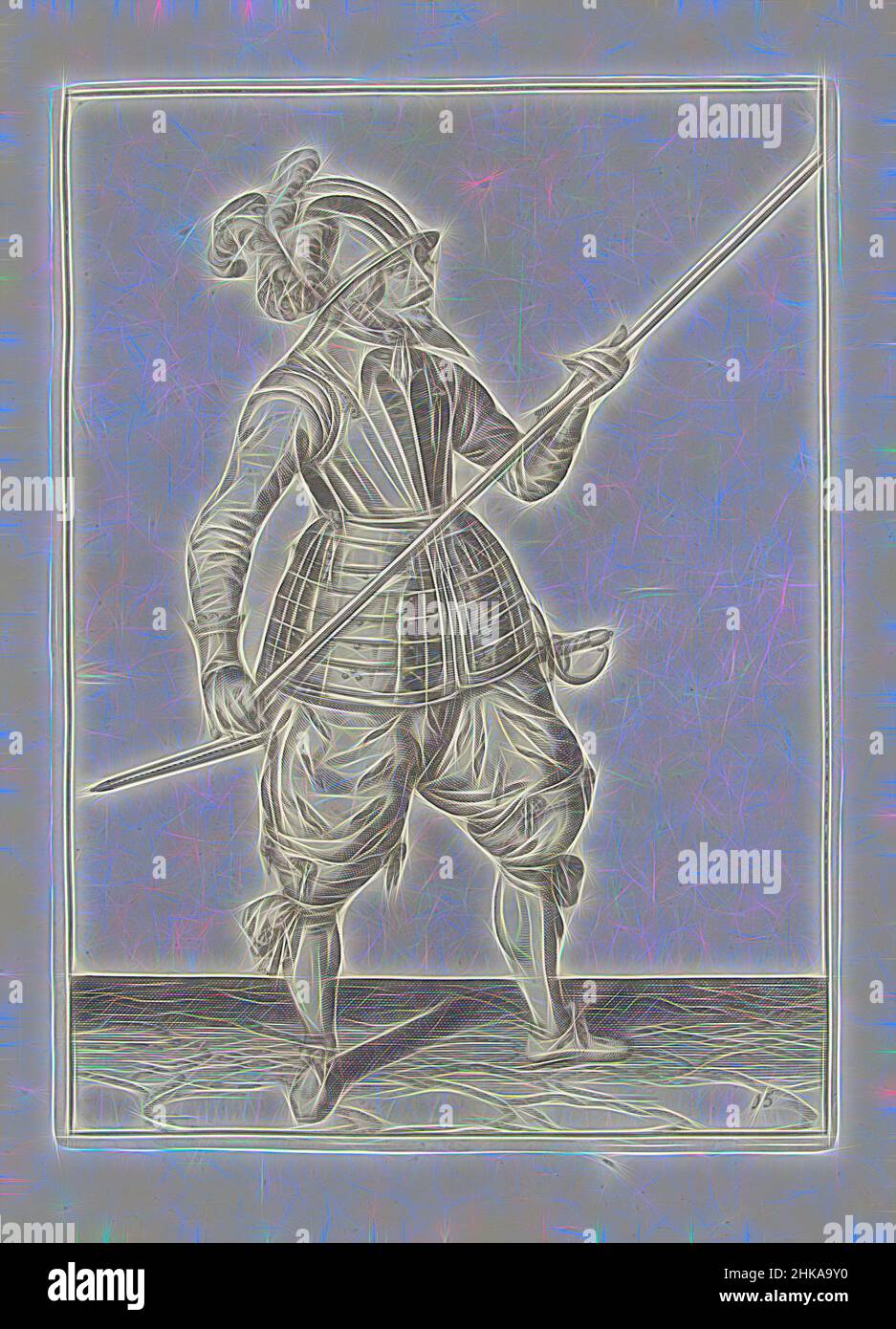 Inspiré par Soldier portant sa lance avec les deux mains par son côté droit, le point soulevé en diagonale (non 15), c. 1600, Un soldat, pleine longueur, portant une lance (lance) avec les deux mains par son côté droit, le point soulevé en diagonale (non 15), c. 1600. C'est le premier acte pour placer la lance sur, réimaginé par Artotop. L'art classique réinventé avec une touche moderne. Conception de lumière chaleureuse et gaie, de luminosité et de rayonnement de lumière. La photographie s'inspire du surréalisme et du futurisme, embrassant l'énergie dynamique de la technologie moderne, du mouvement, de la vitesse et révolutionne la culture Banque D'Images