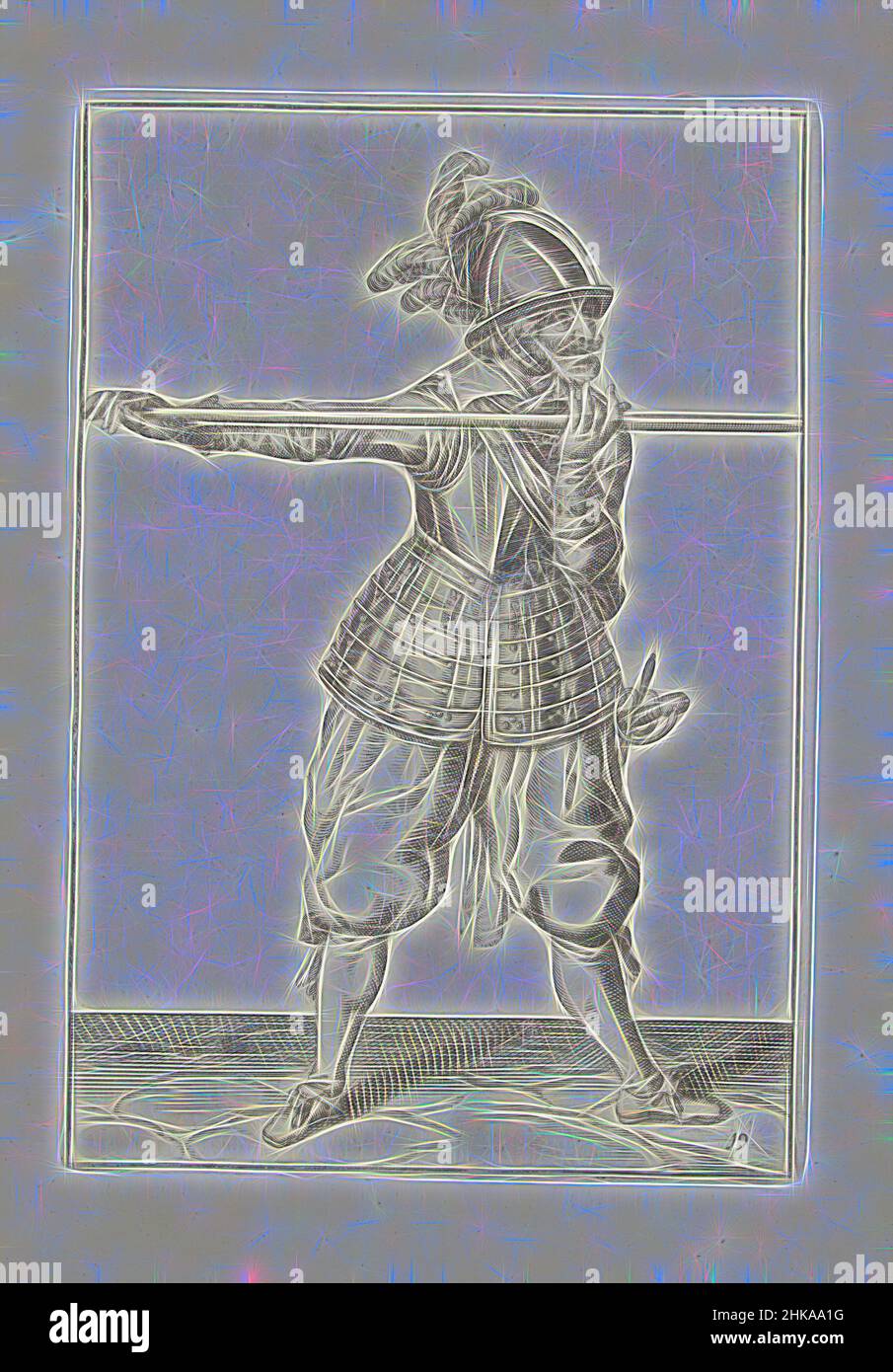 Inspiré par Soldier portant sa lance avec les deux mains horizontalement à hauteur d'épaule (no 19), c. 1600, Un soldat, pleine longueur, portant une lance (lance) avec les deux mains horizontalement à hauteur d'épaule (no 19), c. 1600. Plaque 19 dans les instructions de manipulation de la lance: Corte onderwysinghe op de, repensé par Artotop. L'art classique réinventé avec une touche moderne. Conception de lumière chaleureuse et gaie, de luminosité et de rayonnement de lumière. La photographie s'inspire du surréalisme et du futurisme, embrassant l'énergie dynamique de la technologie moderne, du mouvement, de la vitesse et révolutionne la culture Banque D'Images