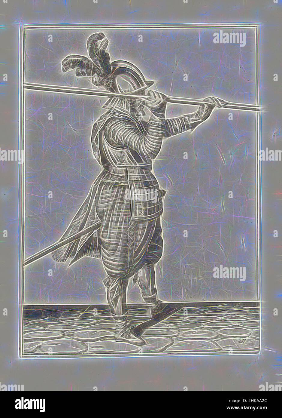 Inspiré par Soldier levant sa lance avec les deux mains horizontalement au-dessus de son épaule droite (non 27), c. 1600, Un soldat, pleine longueur, à droite, soulevant une lance (lance) avec les deux mains horizontalement au-dessus de son épaule droite (non 27), c. 1600. Plaque 27 dans les instructions de manipulation de la lance, repensée par Artotop. L'art classique réinventé avec une touche moderne. Conception de lumière chaleureuse et gaie, de luminosité et de rayonnement de lumière. La photographie s'inspire du surréalisme et du futurisme, embrassant l'énergie dynamique de la technologie moderne, du mouvement, de la vitesse et révolutionne la culture Banque D'Images