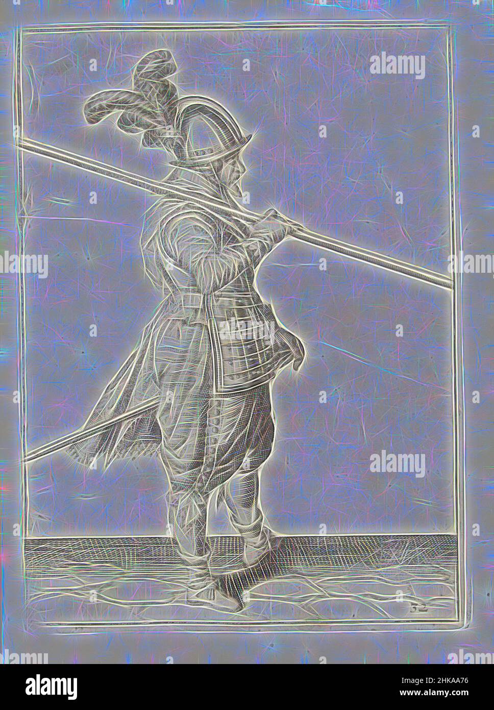 Inspiré par Soldier portant sa lance sur son épaule droite, le point dirigé obliquement vers le sol (non 32), c. 1600, Un soldat, de pleine longueur, à droite, portant une lance sur son épaule droite, la pointe dirigée obliquement vers le sol. Sa main droite autour de la lance (non 32), ca, réimaginé par Artotop. L'art classique réinventé avec une touche moderne. Conception de lumière chaleureuse et gaie, de luminosité et de rayonnement de lumière. La photographie s'inspire du surréalisme et du futurisme, embrassant l'énergie dynamique de la technologie moderne, du mouvement, de la vitesse et révolutionne la culture Banque D'Images