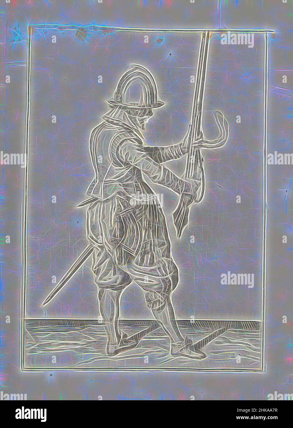 Inspiré par Soldier tenant sa barre avec les deux mains debout devant lui (non 20), c. 1600, Un soldat, de pleine longueur, à droite, tenant un gouvernail (un certain type d'arme à feu) avec les deux mains devant lui, pointant le canon vers le haut, pour l'amener à sa gauche (non 20), c. 1600. Dans sa main gauche, réimaginé par Artotop. L'art classique réinventé avec une touche moderne. Conception de lumière chaleureuse et gaie, de luminosité et de rayonnement de lumière. La photographie s'inspire du surréalisme et du futurisme, embrassant l'énergie dynamique de la technologie moderne, du mouvement, de la vitesse et révolutionne la culture Banque D'Images