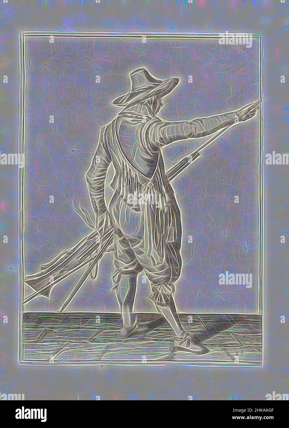 Inspiré par Soldier en retirant son ramrod du support sous le canon de son musket (no 25), c. 1600, Un soldat, plein-pied, à droite, vu de derrière, Tenant un mousquet (un certain type d'arme à feu) avec sa main gauche près de sa cuisse gauche et en retirant le ramRod du support sous le, réimaginé par Artotop. L'art classique réinventé avec une touche moderne. Conception de lumière chaleureuse et gaie, de luminosité et de rayonnement de lumière. La photographie s'inspire du surréalisme et du futurisme, embrassant l'énergie dynamique de la technologie moderne, du mouvement, de la vitesse et révolutionne la culture Banque D'Images