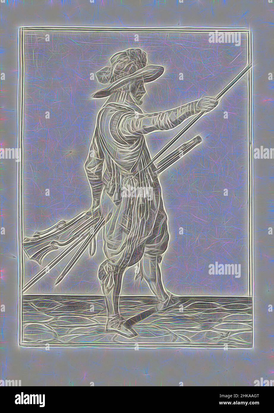 Inspiré par Soldier avec un mousquet glissant sa main droite jusqu'à la fin de son ramrod (no 26), c. 1600, Un soldat, de pleine longueur, à droite, tenant un mousquet (un certain type d'arme à feu) avec sa main gauche près de sa cuisse gauche et portant sa main droite à l'extrémité de son ramrod, contre lequel il repose, réimaginé par Artotop. L'art classique réinventé avec une touche moderne. Conception de lumière chaleureuse et gaie, de luminosité et de rayonnement de lumière. La photographie s'inspire du surréalisme et du futurisme, embrassant l'énergie dynamique de la technologie moderne, du mouvement, de la vitesse et révolutionne la culture Banque D'Images