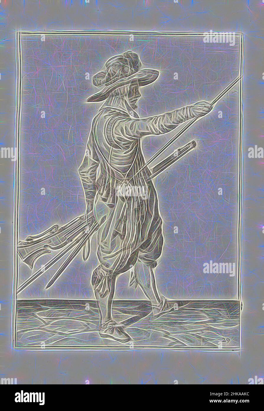 Inspiré par Soldier avec un mousquet glissant sa main droite jusqu'à la fin de son ramrod (no 29), c. 1600, Un soldat, de pleine longueur, à droite, tenant un mousquet (un type particulier d'arme à feu) avec sa main gauche près de sa cuisse gauche et amenant sa main droite à l'extrémité de son ramrod, qu'il repose, réimaginé par Artotop. L'art classique réinventé avec une touche moderne. Conception de lumière chaleureuse et gaie, de luminosité et de rayonnement de lumière. La photographie s'inspire du surréalisme et du futurisme, embrassant l'énergie dynamique de la technologie moderne, du mouvement, de la vitesse et révolutionne la culture Banque D'Images