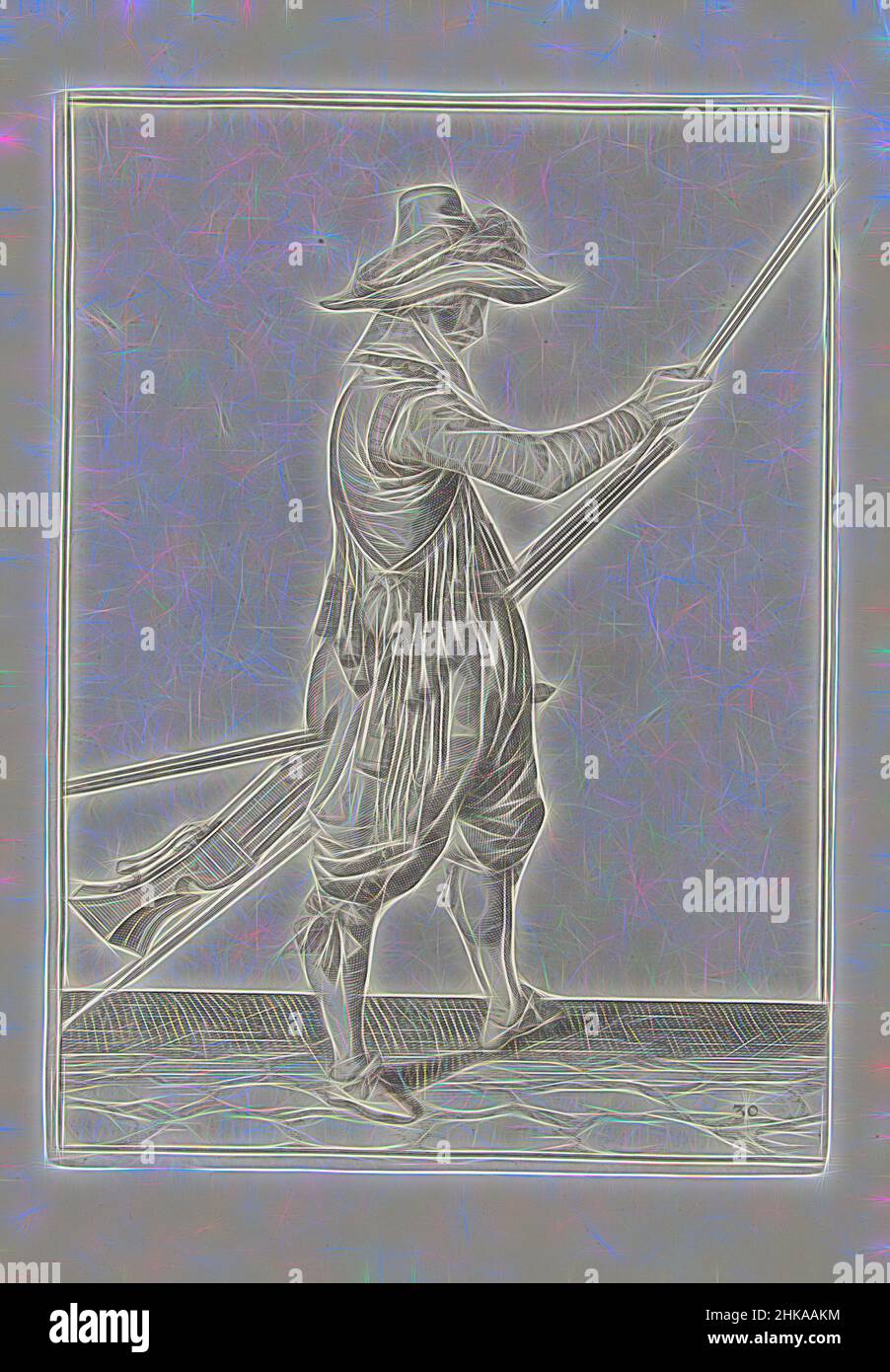Inspiré par Soldier glissant sa baguette dans le support sous le canon de son musket (no 30), c. 1600, Un soldat, de pleine longueur, à droite, tenant un mousquet (un certain type d'arme à feu) avec sa main gauche près de sa cuisse gauche et glissant le ramrod dans le support sous le canon avec sa droite, réimaginé par Artotop. L'art classique réinventé avec une touche moderne. Conception de lumière chaleureuse et gaie, de luminosité et de rayonnement de lumière. La photographie s'inspire du surréalisme et du futurisme, embrassant l'énergie dynamique de la technologie moderne, du mouvement, de la vitesse et révolutionne la culture Banque D'Images