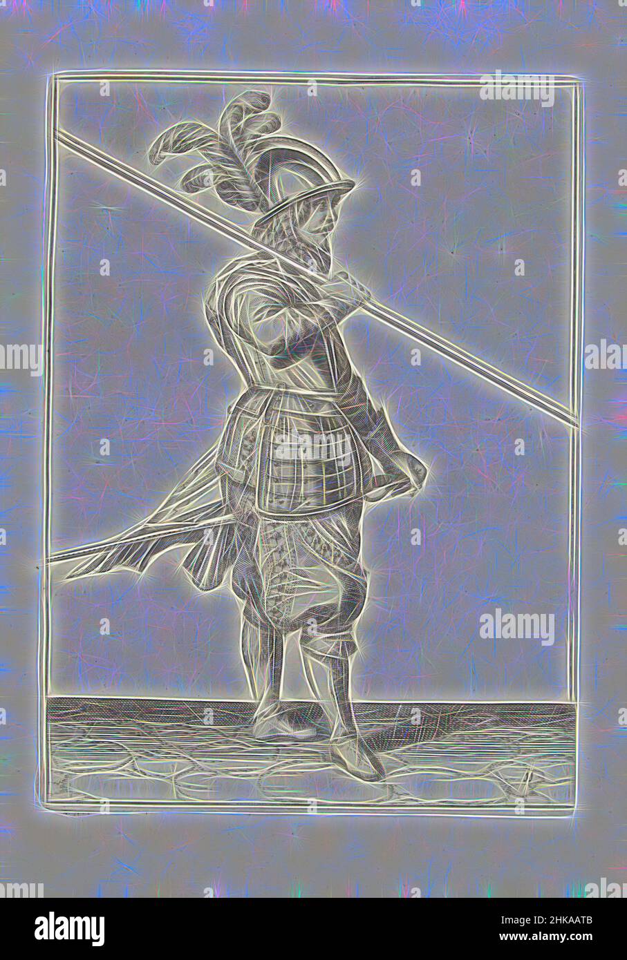 Inspiré par Soldier portant sa lance sur son épaule droite, le point dirigé obliquement vers le sol (non 11), c. 1600, Un soldat, pleine longueur, à droite, portant une lance sur son épaule droite, la pointe dirigée obliquement vers le sol (non 11), c. 1600. Sa main droite autour de la, repensée par Artotop. L'art classique réinventé avec une touche moderne. Conception de lumière chaleureuse et gaie, de luminosité et de rayonnement de lumière. La photographie s'inspire du surréalisme et du futurisme, embrassant l'énergie dynamique de la technologie moderne, du mouvement, de la vitesse et révolutionne la culture Banque D'Images