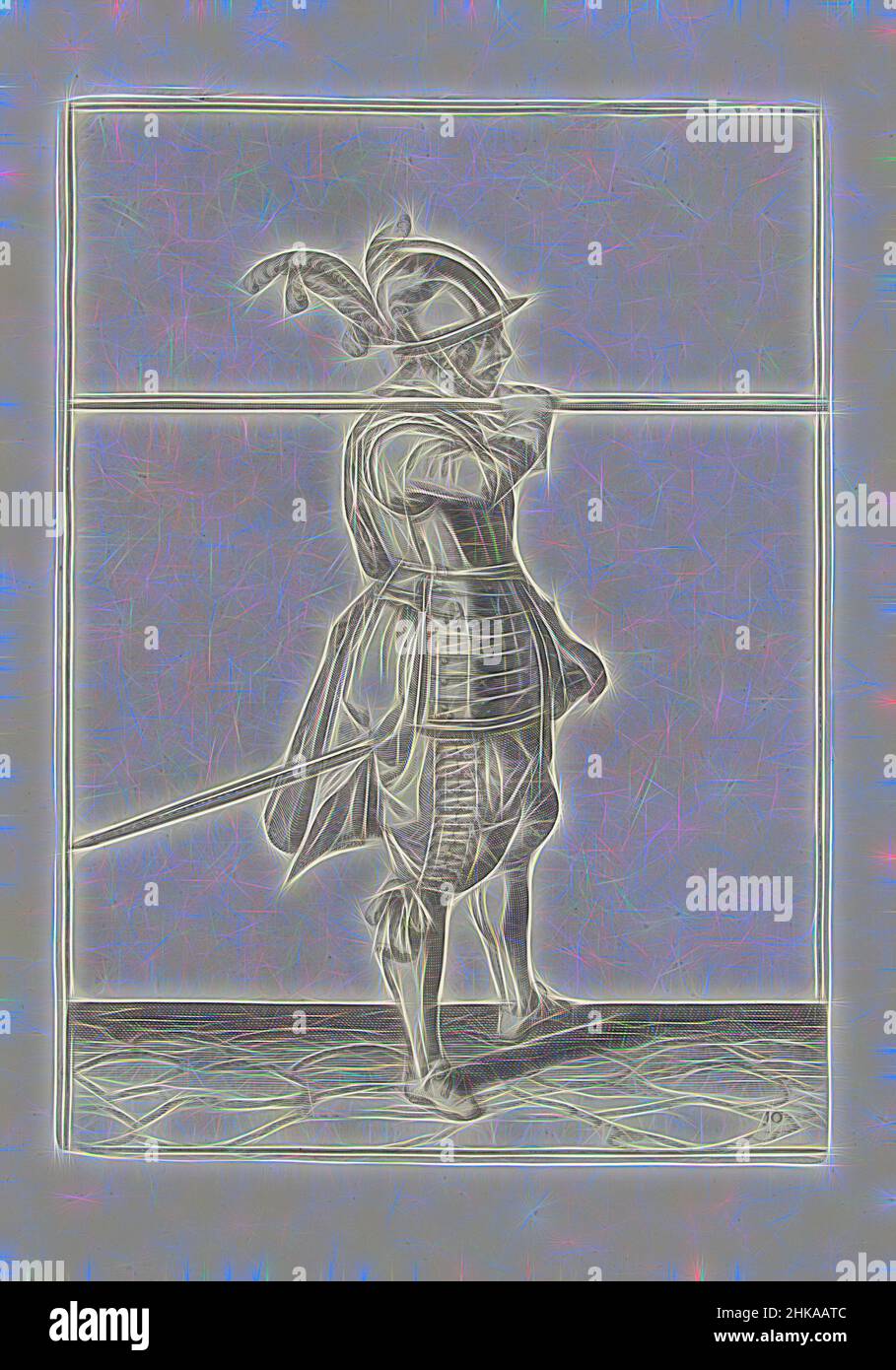 Inspiré par Soldier portant sa lance horizontalement sur son épaule droite (no 10), c. 1600, Un soldat, de pleine longueur, à droite, portant une lance horizontale sur son épaule droite (non 10), c. 1600. Sa main droite autour de la lance. C'est le troisième acte de soulever la lance à l'épaule, réimaginé par Artotop. L'art classique réinventé avec une touche moderne. Conception de lumière chaleureuse et gaie, de luminosité et de rayonnement de lumière. La photographie s'inspire du surréalisme et du futurisme, embrassant l'énergie dynamique de la technologie moderne, du mouvement, de la vitesse et révolutionne la culture Banque D'Images