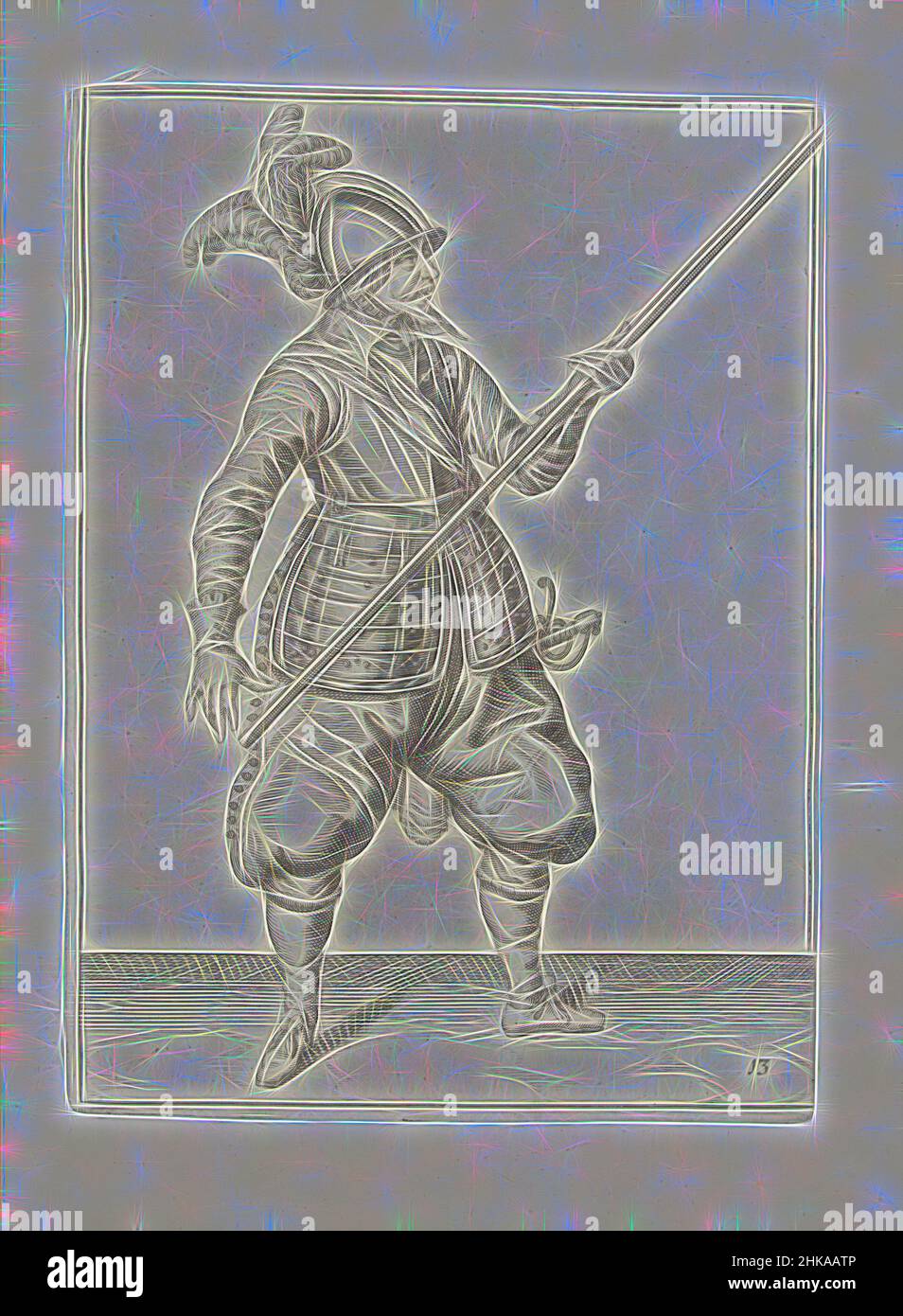Inspiré par Soldier portant sa lance avec sa main gauche par son côté droit, le point soulevé en diagonale (non 13), c. 1600, Un soldat, pleine longueur, portant une lance (lance) avec sa main gauche par son côté droit, la pointe soulevée en diagonale (non 13), c. 1600. C'est le deuxième acte pour abaisser le, réimaginé par Artotop. L'art classique réinventé avec une touche moderne. Conception de lumière chaleureuse et gaie, de luminosité et de rayonnement de lumière. La photographie s'inspire du surréalisme et du futurisme, embrassant l'énergie dynamique de la technologie moderne, du mouvement, de la vitesse et révolutionne la culture Banque D'Images