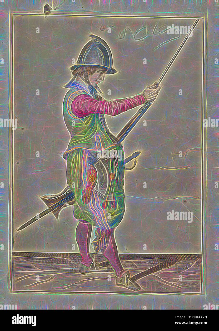 Inspiré par Soldier glissant sa baguette dans le support sous le canon de sa barre (no 29), c. 1600, Un soldat, de pleine longueur, à droite, tenant une barre (un type particulier d'arme à feu) avec sa main gauche près de sa cuisse gauche et faisant glisser la barre dans le support sous le canon avec sa main droite, réimaginé par Artotop. L'art classique réinventé avec une touche moderne. Conception de lumière chaleureuse et gaie, de luminosité et de rayonnement de lumière. La photographie s'inspire du surréalisme et du futurisme, embrassant l'énergie dynamique de la technologie moderne, du mouvement, de la vitesse et révolutionne la culture Banque D'Images