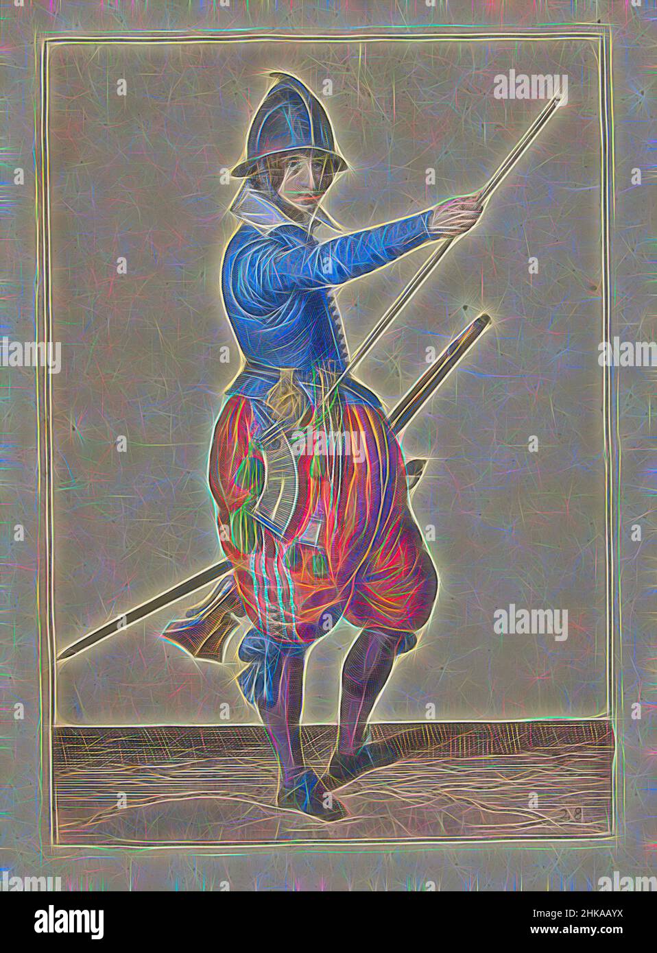 Inspiré par le soldat tenant un gouvernail, en déplaçant sa main droite jusqu'à la fin de son ramrod (non 28), c. 1600, Un soldat, de pleine longueur, à droite, tenant un gouvernail (un type particulier d'arme à feu) avec sa main gauche près de sa cuisse gauche et amenant sa main droite à l'extrémité de son ramrod, qu'il repose, réimaginé par Artotop. L'art classique réinventé avec une touche moderne. Conception de lumière chaleureuse et gaie, de luminosité et de rayonnement de lumière. La photographie s'inspire du surréalisme et du futurisme, embrassant l'énergie dynamique de la technologie moderne, du mouvement, de la vitesse et révolutionne la culture Banque D'Images