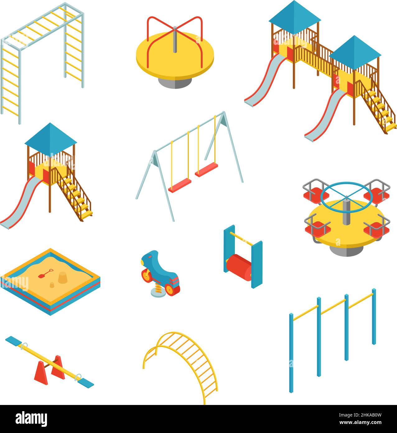 Ensemble d'éléments isométriques pour terrain de jeu pour enfants sur fond blanc, illustration vectorielle Illustration de Vecteur