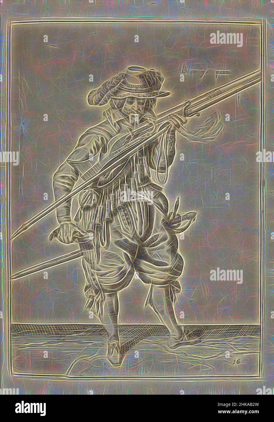 Inspiré par Soldier qui souffle des étincelles loin de la casserole de son musket (no 16), c. 1600, Un soldat, de pleine longueur, à droite, tenant un mousquet (un type particulier d'arme à feu) près de sa bouche et soufflant sur la casserole (le réservoir de poudre) (no 16), c. 1600. Dans sa main gauche, en plus du musket, a, réimaginé par Artotop. L'art classique réinventé avec une touche moderne. Conception de lumière chaleureuse et gaie, de luminosité et de rayonnement de lumière. La photographie s'inspire du surréalisme et du futurisme, embrassant l'énergie dynamique de la technologie moderne, du mouvement, de la vitesse et révolutionne la culture Banque D'Images