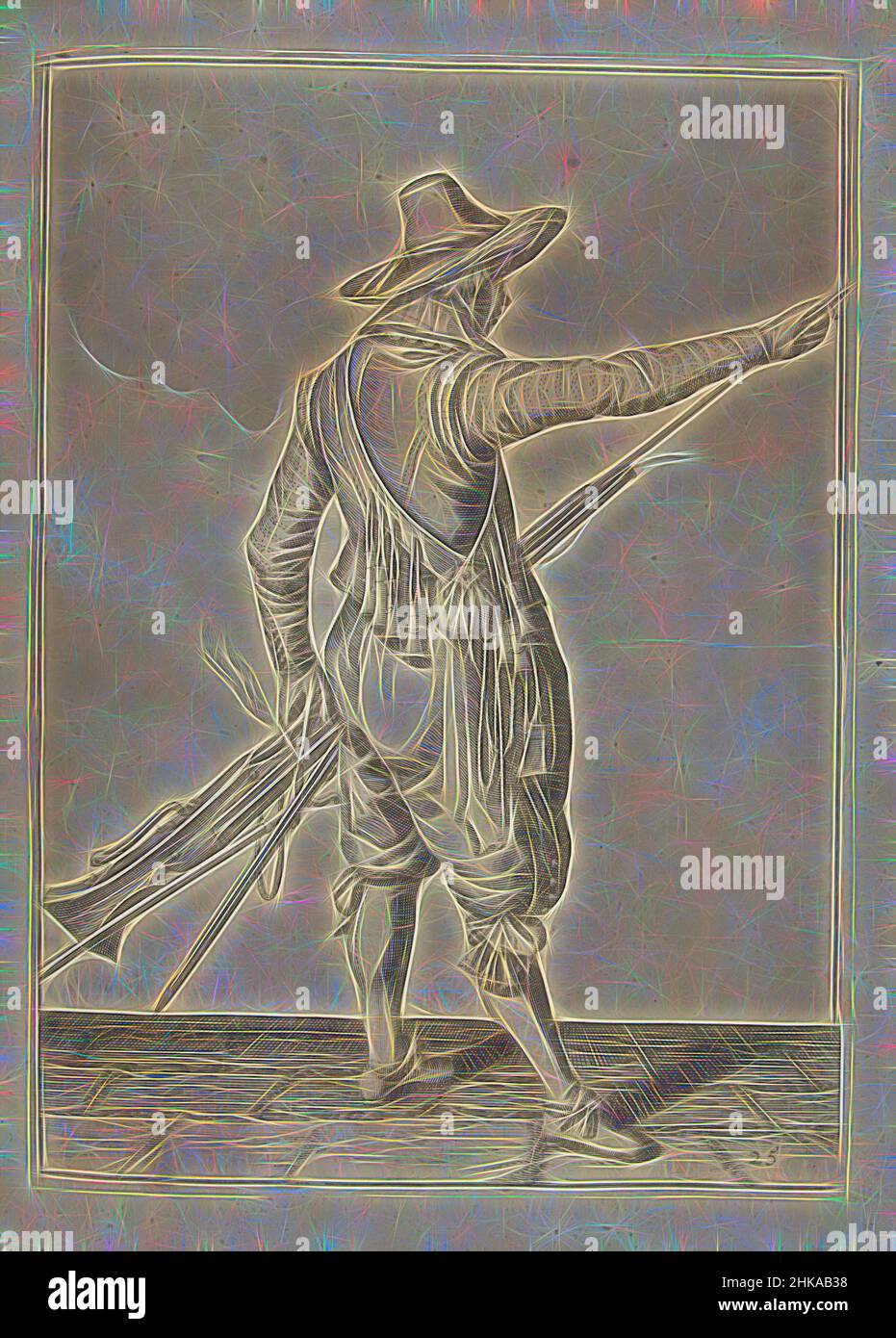 Inspiré par Soldier en retirant son ramrod du support sous le canon de son musket (no 25), c. 1600, Un soldat, plein-pied, à droite, vu de derrière, Tenant un mousquet (un certain type d'arme à feu) avec sa main gauche près de sa cuisse gauche et en retirant le ramRod du support sous le, réimaginé par Artotop. L'art classique réinventé avec une touche moderne. Conception de lumière chaleureuse et gaie, de luminosité et de rayonnement de lumière. La photographie s'inspire du surréalisme et du futurisme, embrassant l'énergie dynamique de la technologie moderne, du mouvement, de la vitesse et révolutionne la culture Banque D'Images