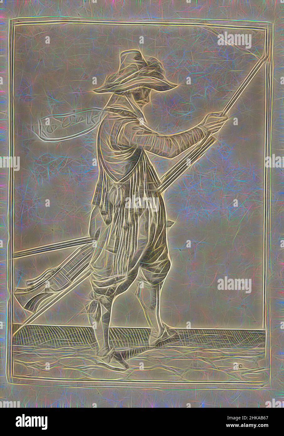 Inspiré par Soldier glissant sa baguette dans le support sous le canon de son musket (no 30), c. 1600, Un soldat, de pleine longueur, à droite, tenant un mousquet (un certain type d'arme à feu) avec sa main gauche près de sa cuisse gauche et glissant le ramrod dans le support sous le canon avec sa droite, réimaginé par Artotop. L'art classique réinventé avec une touche moderne. Conception de lumière chaleureuse et gaie, de luminosité et de rayonnement de lumière. La photographie s'inspire du surréalisme et du futurisme, embrassant l'énergie dynamique de la technologie moderne, du mouvement, de la vitesse et révolutionne la culture Banque D'Images