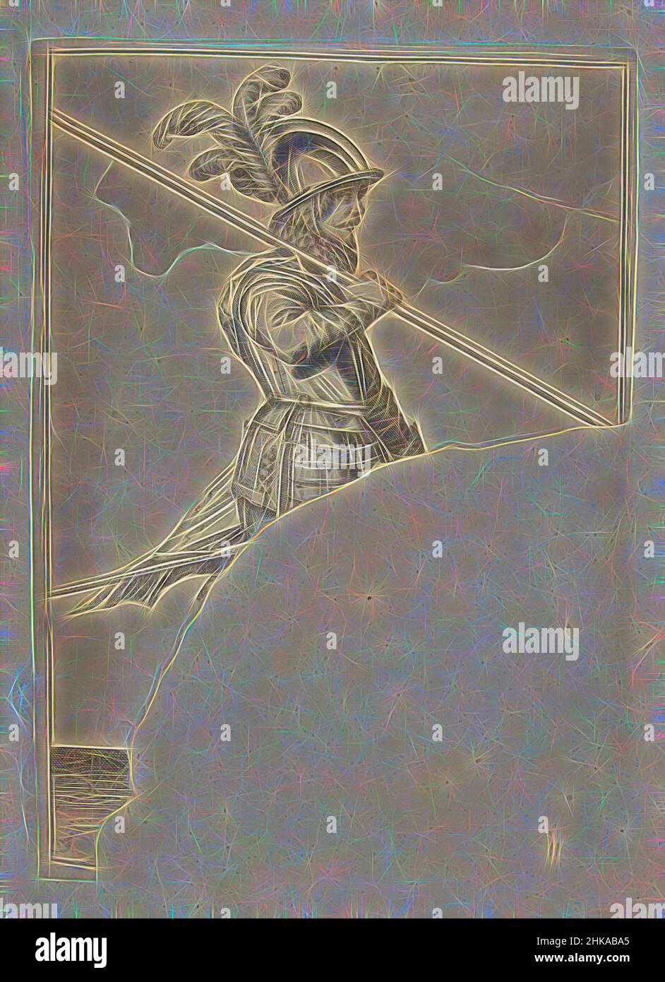 Inspiré par Soldier portant sa lance sur son épaule droite, le point dirigé obliquement vers le sol (non 11), c. 1600, Un soldat, pleine longueur, à droite, portant une lance sur son épaule droite, la pointe dirigée obliquement vers le sol (non 11), c. 1600. Sa main droite autour de la, repensée par Artotop. L'art classique réinventé avec une touche moderne. Conception de lumière chaleureuse et gaie, de luminosité et de rayonnement de lumière. La photographie s'inspire du surréalisme et du futurisme, embrassant l'énergie dynamique de la technologie moderne, du mouvement, de la vitesse et révolutionne la culture Banque D'Images