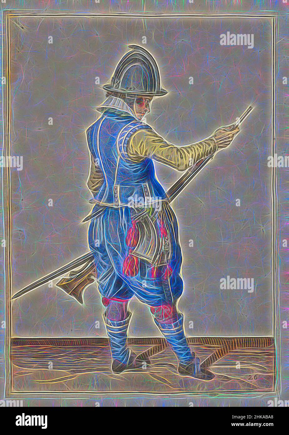 Inspiré par Soldier poussant la poudre et la balle dans le canon de son gouvernail avec son ramrod (no 26), c. 1600, Un soldat, de pleine longueur, à droite, tenant un gouvernail (un certain type d'arme à feu) avec sa main gauche près de sa cuisse gauche et en amenant son ramrod dans le canon avec sa main droite, pour pousser, réimaginé par Artotop. L'art classique réinventé avec une touche moderne. Conception de lumière chaleureuse et gaie, de luminosité et de rayonnement de lumière. La photographie s'inspire du surréalisme et du futurisme, embrassant l'énergie dynamique de la technologie moderne, du mouvement, de la vitesse et révolutionne la culture Banque D'Images