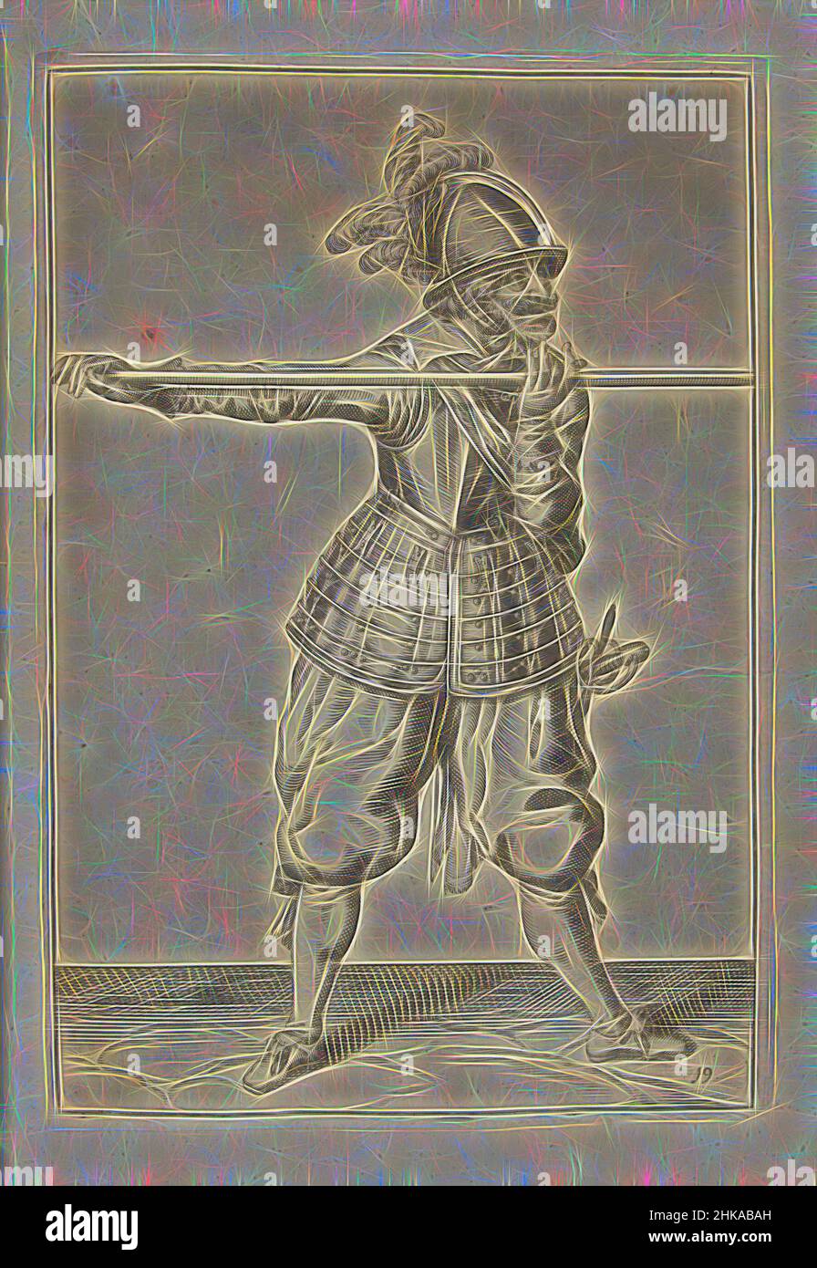 Inspiré par Soldier portant sa lance avec les deux mains horizontalement à hauteur d'épaule (no 19), c. 1600, Un soldat, pleine longueur, portant une lance (lance) avec les deux mains horizontalement à hauteur d'épaule (no 19), c. 1600. Plaque 19 dans les instructions pour la manipulation de la lance: Instructions brèves sur le, repensé par Artotop. L'art classique réinventé avec une touche moderne. Conception de lumière chaleureuse et gaie, de luminosité et de rayonnement de lumière. La photographie s'inspire du surréalisme et du futurisme, embrassant l'énergie dynamique de la technologie moderne, du mouvement, de la vitesse et révolutionne la culture Banque D'Images