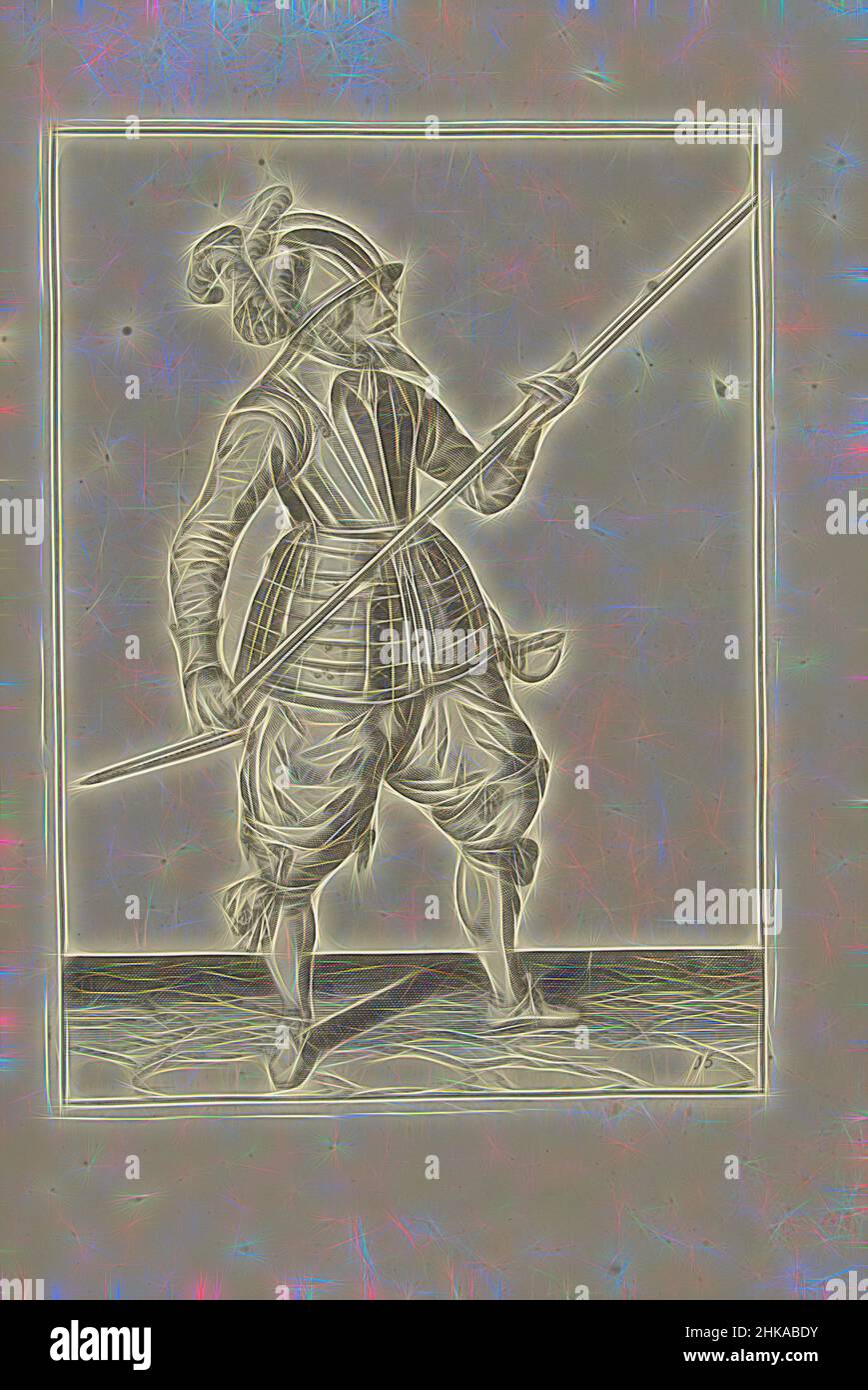 Inspiré par Soldier portant sa lance avec les deux mains par son côté droit, le point soulevé en diagonale (non 15), c. 1600, Un soldat, pleine longueur, portant une lance (lance) avec les deux mains par son côté droit, le point soulevé en diagonale (non 15), c. 1600. C'est le premier acte pour placer la lance sur, réimaginé par Artotop. L'art classique réinventé avec une touche moderne. Conception de lumière chaleureuse et gaie, de luminosité et de rayonnement de lumière. La photographie s'inspire du surréalisme et du futurisme, embrassant l'énergie dynamique de la technologie moderne, du mouvement, de la vitesse et révolutionne la culture Banque D'Images