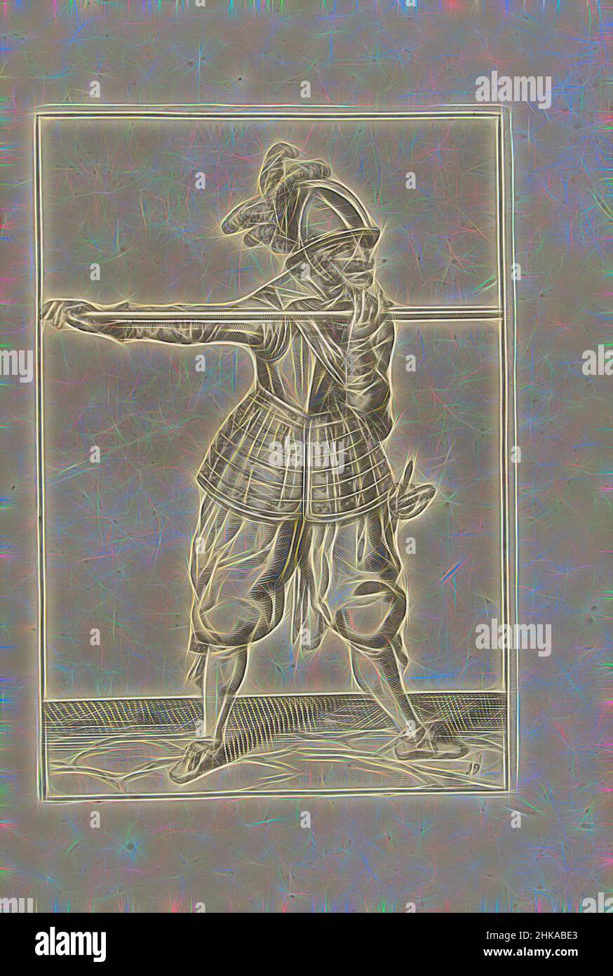 Inspiré par Soldier portant sa lance avec les deux mains horizontalement à hauteur d'épaule (no 19), c. 1600, Un soldat, pleine longueur, portant une lance (lance) avec les deux mains horizontalement à hauteur d'épaule (no 19), c. 1600. Plaque 19 dans les instructions de manipulation de la lance: Bref d'enseigement; et, repensé par Artotop. L'art classique réinventé avec une touche moderne. Conception de lumière chaleureuse et gaie, de luminosité et de rayonnement de lumière. La photographie s'inspire du surréalisme et du futurisme, embrassant l'énergie dynamique de la technologie moderne, du mouvement, de la vitesse et révolutionne la culture Banque D'Images