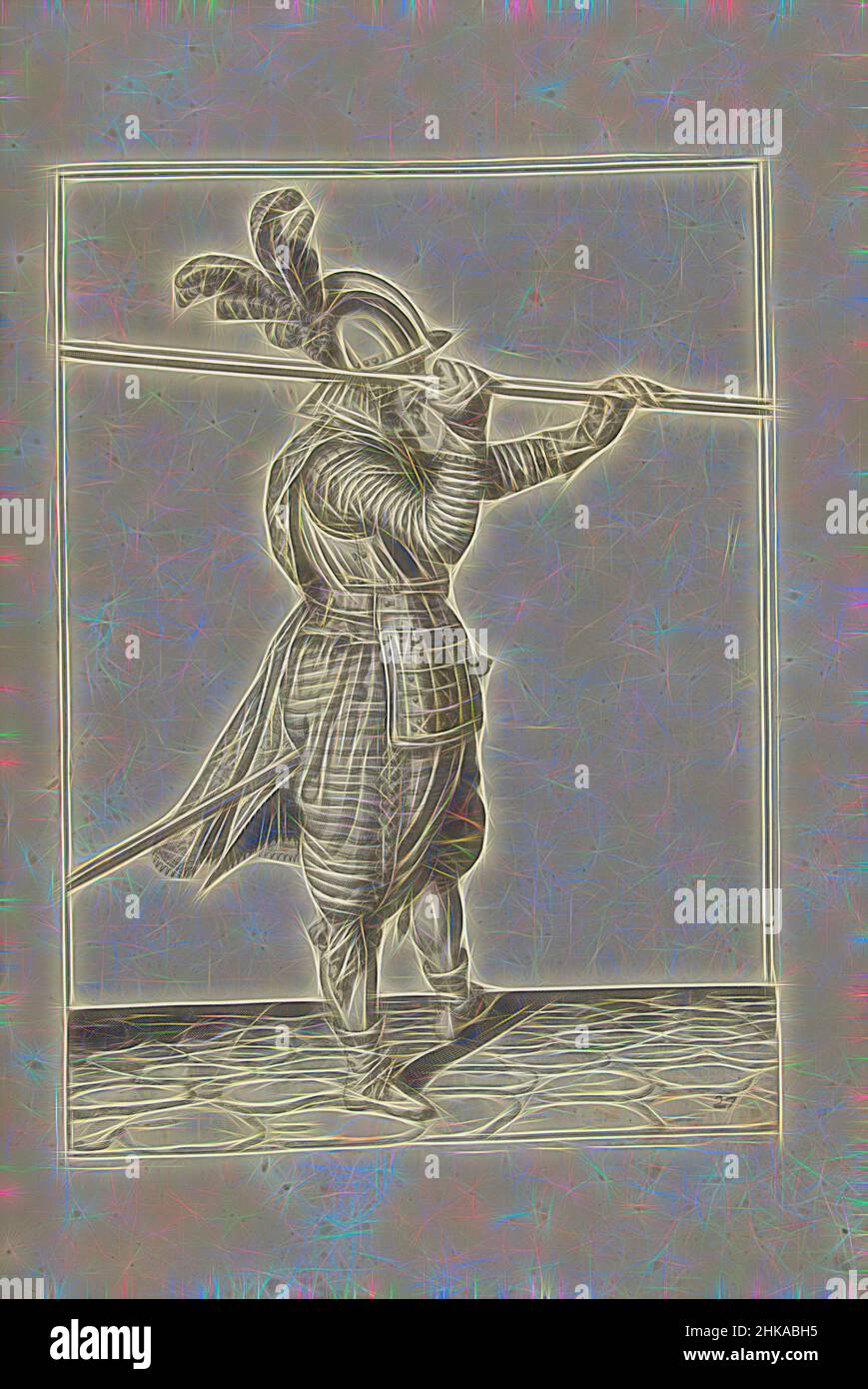 Inspiré par Soldier levant sa lance avec les deux mains horizontalement au-dessus de son épaule droite (non 27), c. 1600, Un soldat, pleine longueur, à droite, soulevant une lance (lance) avec les deux mains horizontalement au-dessus de son épaule droite (non 27), c. 1600. Plaque 27 dans les instructions de manipulation de la lance, repensée par Artotop. L'art classique réinventé avec une touche moderne. Conception de lumière chaleureuse et gaie, de luminosité et de rayonnement de lumière. La photographie s'inspire du surréalisme et du futurisme, embrassant l'énergie dynamique de la technologie moderne, du mouvement, de la vitesse et révolutionne la culture Banque D'Images