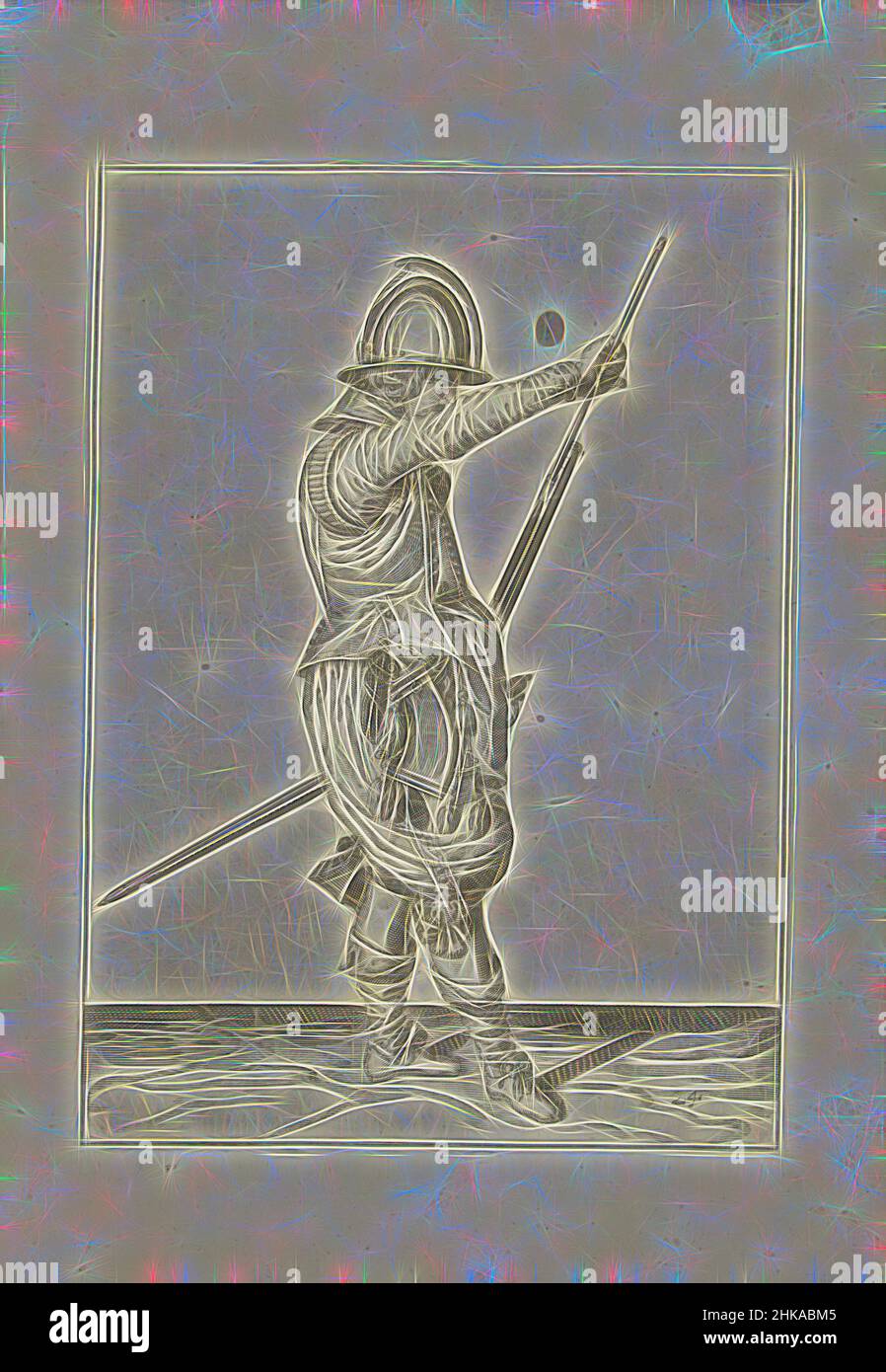 Inspiré par Soldier en retirant sa barre de son support sous le canon de sa barre (non 24), c. 1600, Un soldat, de pleine longueur, à droite, tenant une barre (un certain type d'arme à feu) avec sa main gauche près de sa cuisse gauche et en retirant le ramrod du support sous le canon avec sa main droite, réimaginé par Artotop. L'art classique réinventé avec une touche moderne. Conception de lumière chaleureuse et gaie, de luminosité et de rayonnement de lumière. La photographie s'inspire du surréalisme et du futurisme, embrassant l'énergie dynamique de la technologie moderne, du mouvement, de la vitesse et révolutionne la culture Banque D'Images