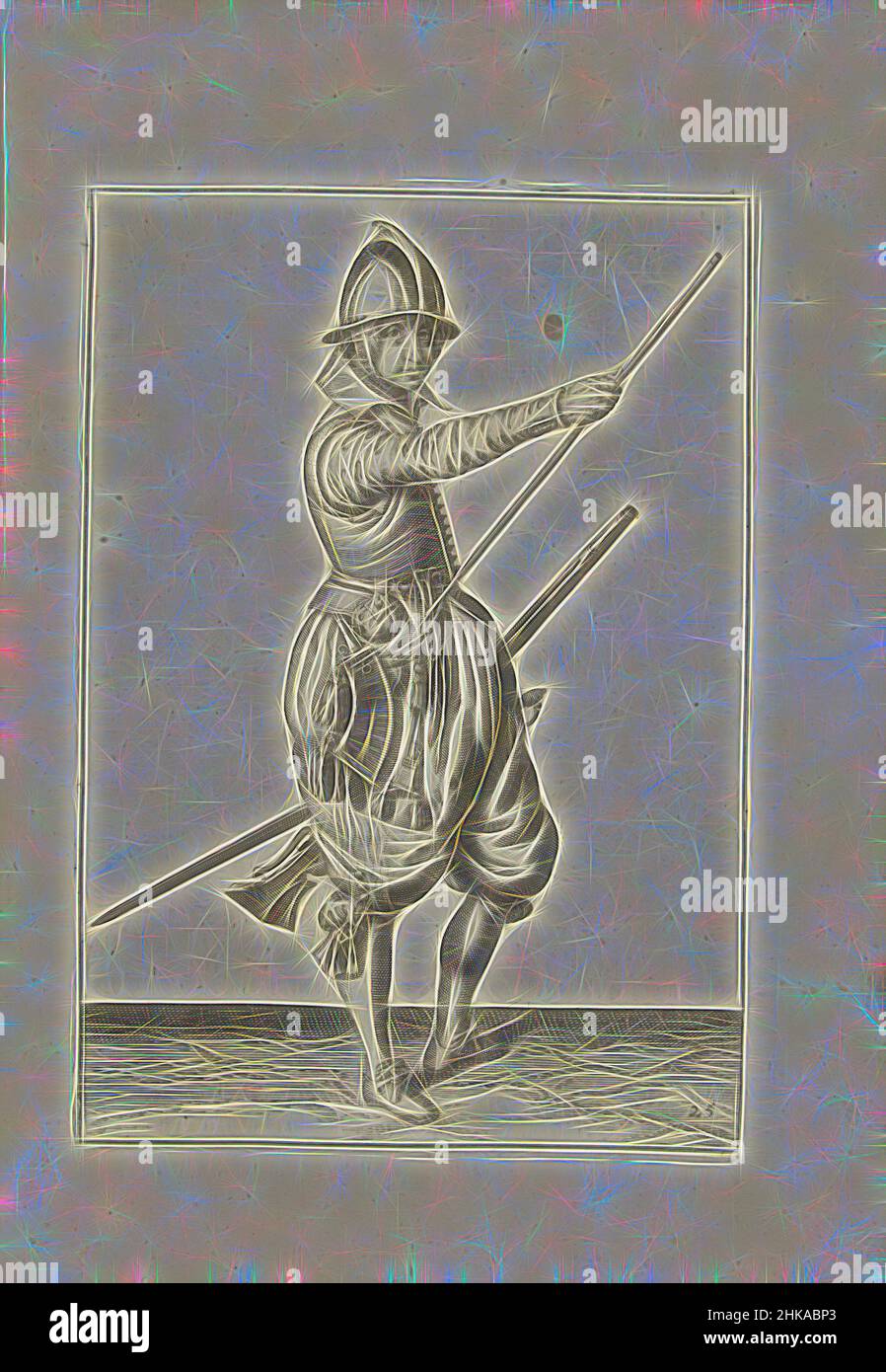 Inspiré par le soldat tenant un gouvernail, en déplaçant sa main droite jusqu'à la fin de son ramrod (non 25), c. 1600, Un soldat, de pleine longueur, à droite, tenant un gouvernail (un certain type d'arme à feu) avec sa main gauche près de sa cuisse gauche et amenant sa main droite à l'extrémité de son ramrod, qu'il repose, réimaginé par Artotop. L'art classique réinventé avec une touche moderne. Conception de lumière chaleureuse et gaie, de luminosité et de rayonnement de lumière. La photographie s'inspire du surréalisme et du futurisme, embrassant l'énergie dynamique de la technologie moderne, du mouvement, de la vitesse et révolutionne la culture Banque D'Images