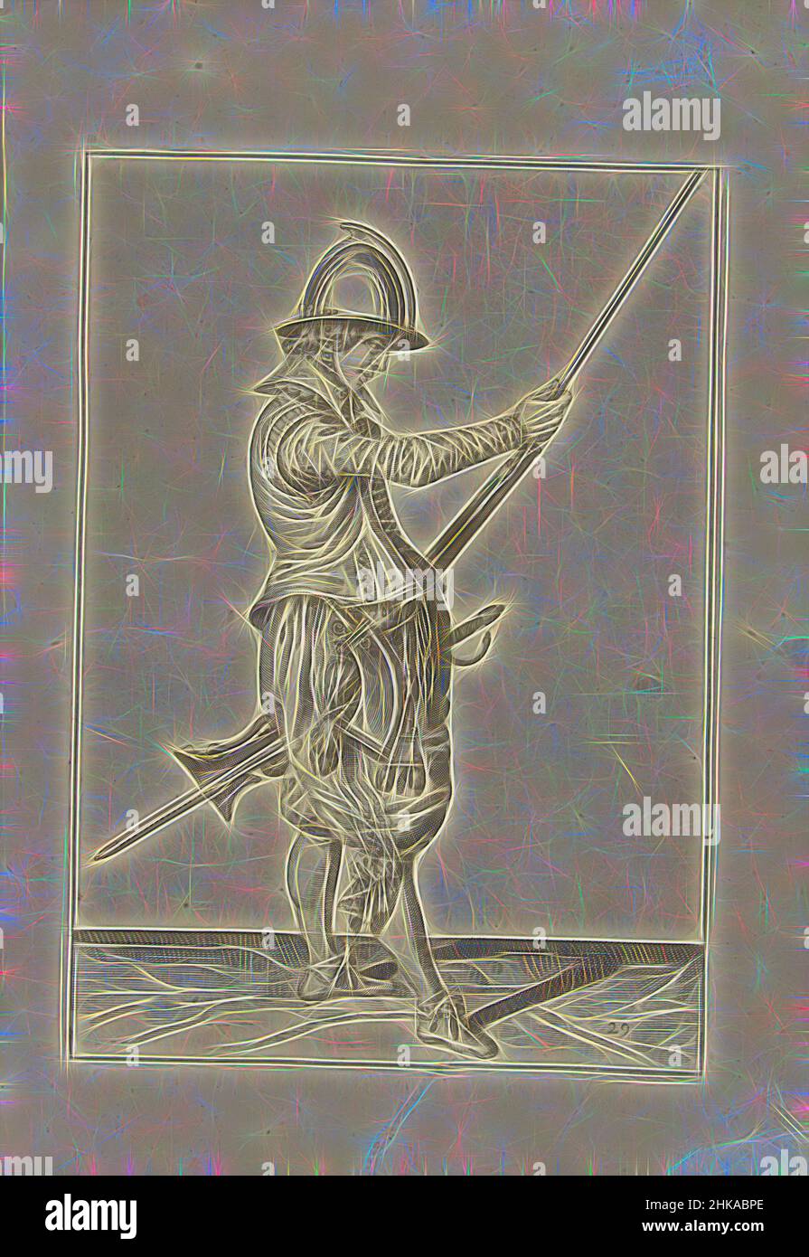 Inspiré par Soldier glissant sa baguette dans le support sous le canon de sa barre (no 29), c. 1600, Un soldat, de pleine longueur, à droite, tenant une barre (un certain type d'arme à feu) avec sa main gauche près de sa cuisse gauche et faisant glisser la barre dans le support sous le canon avec sa main droite (, réimaginé par Artotop. L'art classique réinventé avec une touche moderne. Conception de lumière chaleureuse et gaie, de luminosité et de rayonnement de lumière. La photographie s'inspire du surréalisme et du futurisme, embrassant l'énergie dynamique de la technologie moderne, du mouvement, de la vitesse et révolutionne la culture Banque D'Images