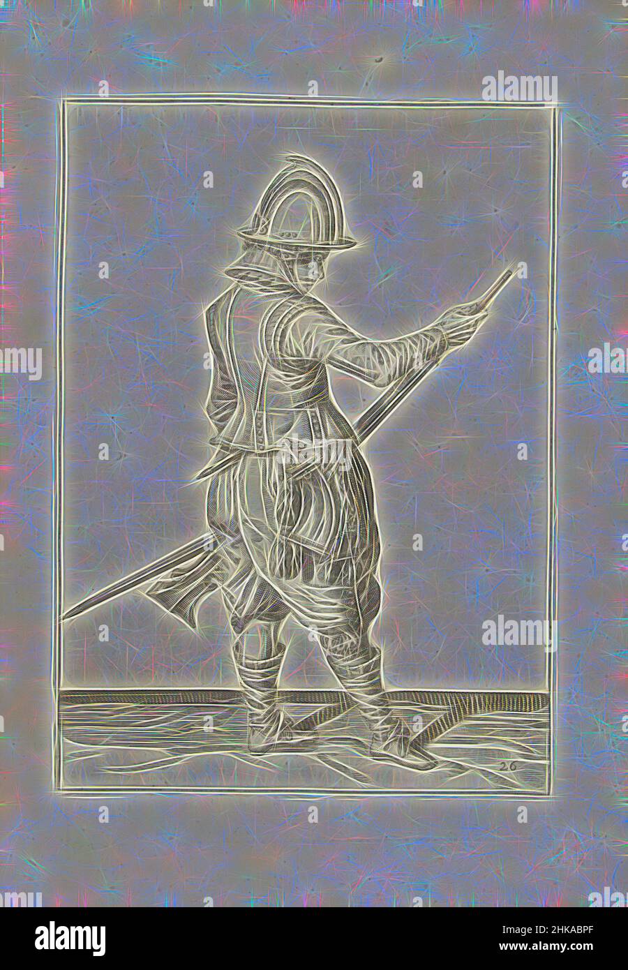 Inspiré par Soldier poussant la poudre et la balle dans le canon de son gouvernail avec son ramrod (no 26), c. 1600, Un soldat, de pleine longueur, à droite, tenant un gouvernail (un certain type d'arme à feu) avec sa main gauche près de sa cuisse gauche, et apportant son ramrod dans le canon avec sa main droite, à, réimaginé par Artotop. L'art classique réinventé avec une touche moderne. Conception de lumière chaleureuse et gaie, de luminosité et de rayonnement de lumière. La photographie s'inspire du surréalisme et du futurisme, embrassant l'énergie dynamique de la technologie moderne, du mouvement, de la vitesse et révolutionne la culture Banque D'Images