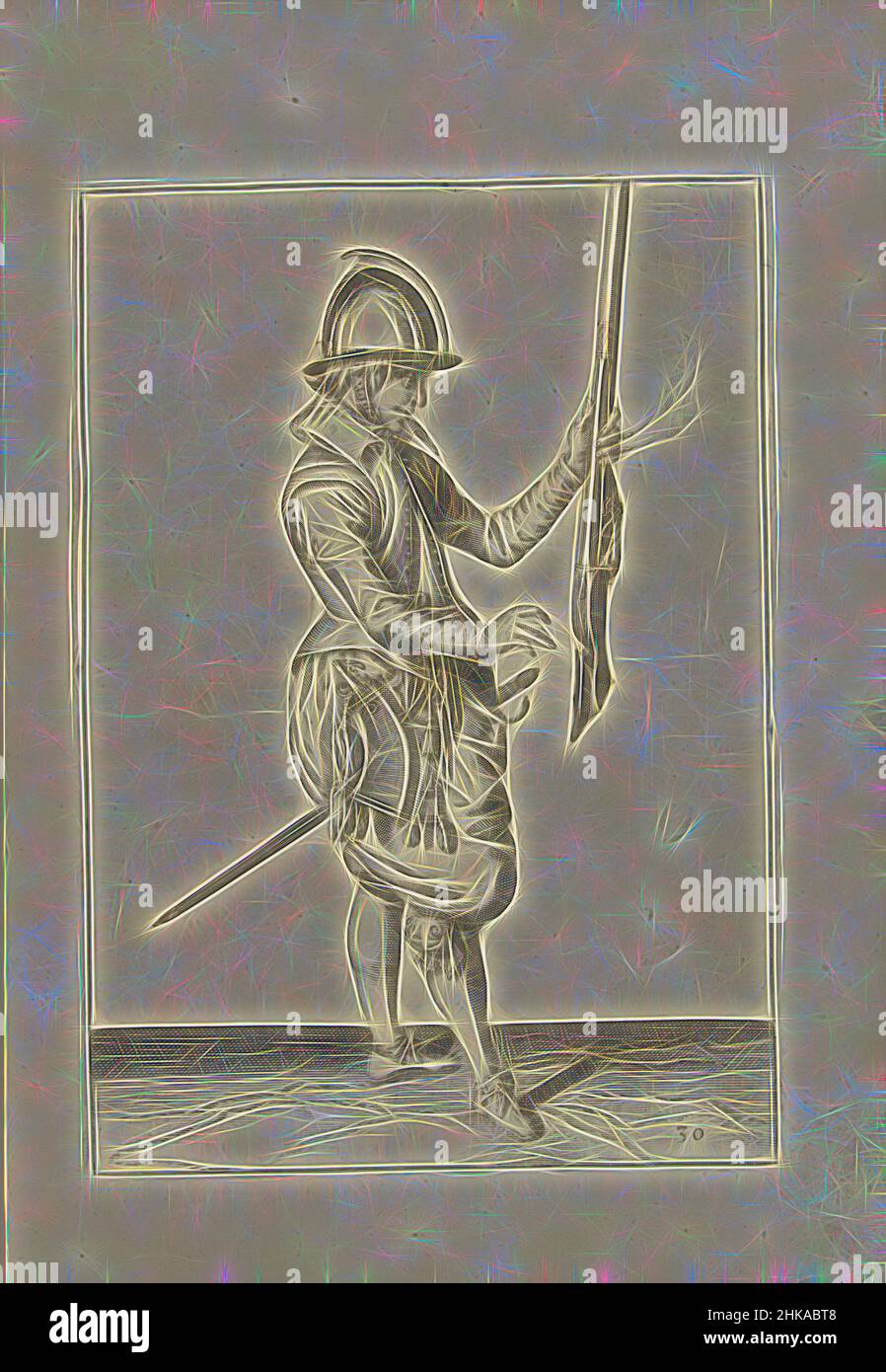 Inspiré par Soldier tenant sa barre droite avec sa main gauche (non 30), c. 1600, Un soldat, de pleine longueur, à droite, tenant une barre (un type particulier d'arme à feu) avec sa main gauche, le canon pointant vers le haut, avant de transférer l'arme à sa main droite. Dans sa main gauche, en plus de la, repensée par Artotop. L'art classique réinventé avec une touche moderne. Conception de lumière chaleureuse et gaie, de luminosité et de rayonnement de lumière. La photographie s'inspire du surréalisme et du futurisme, embrassant l'énergie dynamique de la technologie moderne, du mouvement, de la vitesse et révolutionne la culture Banque D'Images