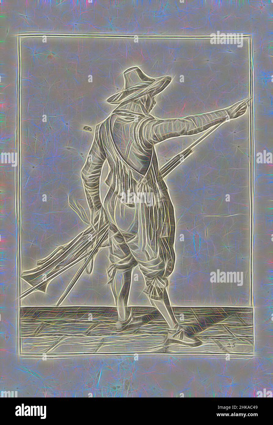 Inspiré par Soldier en retirant son ramrod du support sous le canon de son musket (no 25), c. 1600, Un soldat, plein-pied, à droite, vu de derrière, Tenant un mousquet (un certain type d'arme à feu) avec sa main gauche près de sa cuisse gauche et en retirant le ramRod du support sous le, réimaginé par Artotop. L'art classique réinventé avec une touche moderne. Conception de lumière chaleureuse et gaie, de luminosité et de rayonnement de lumière. La photographie s'inspire du surréalisme et du futurisme, embrassant l'énergie dynamique de la technologie moderne, du mouvement, de la vitesse et révolutionne la culture Banque D'Images