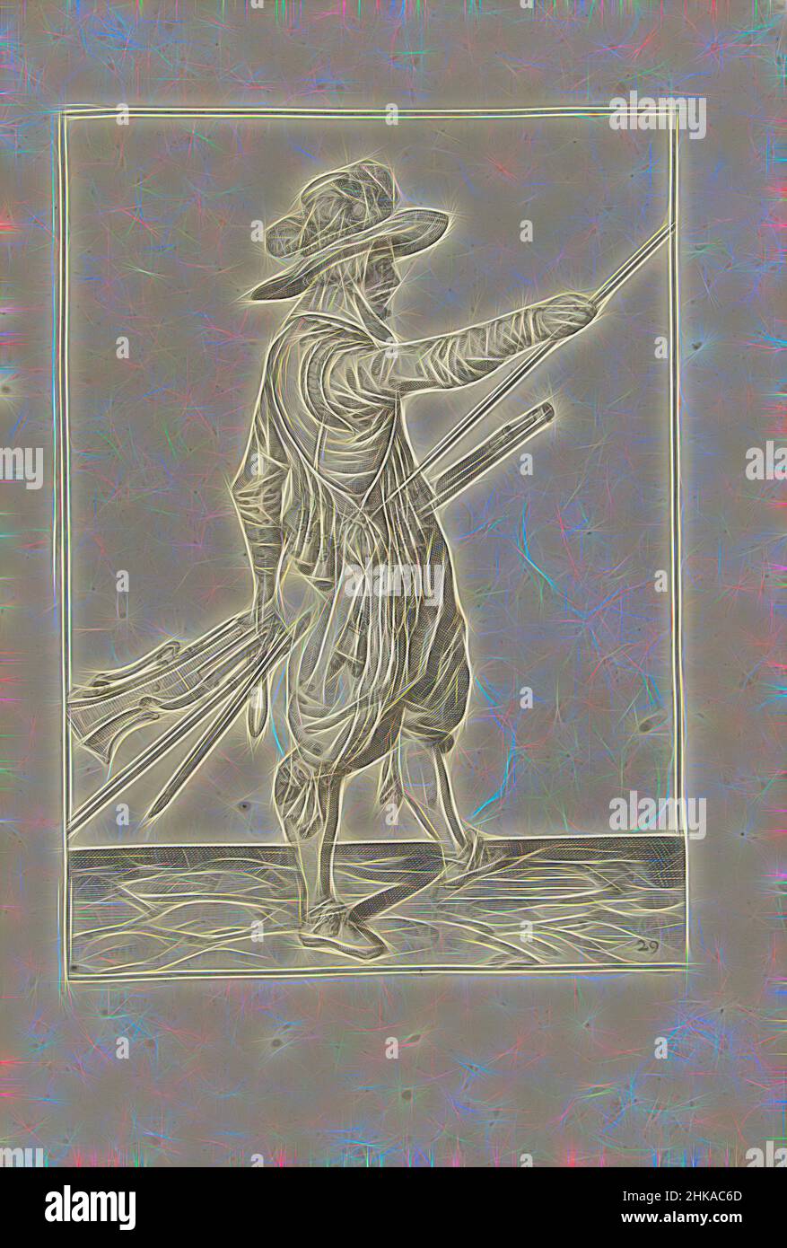 Inspiré par Soldier tenant un mousquet glissant sa main droite jusqu'à la fin de son ramrod (no 29), c. 1600, Un soldat, de pleine longueur, à droite, tenant un mousquet (un certain type d'arme à feu) avec sa main gauche près de sa cuisse gauche et amenant sa main droite à l'extrémité de son ramrod, qu'il repose, réimaginé par Artotop. L'art classique réinventé avec une touche moderne. Conception de lumière chaleureuse et gaie, de luminosité et de rayonnement de lumière. La photographie s'inspire du surréalisme et du futurisme, embrassant l'énergie dynamique de la technologie moderne, du mouvement, de la vitesse et révolutionne la culture Banque D'Images