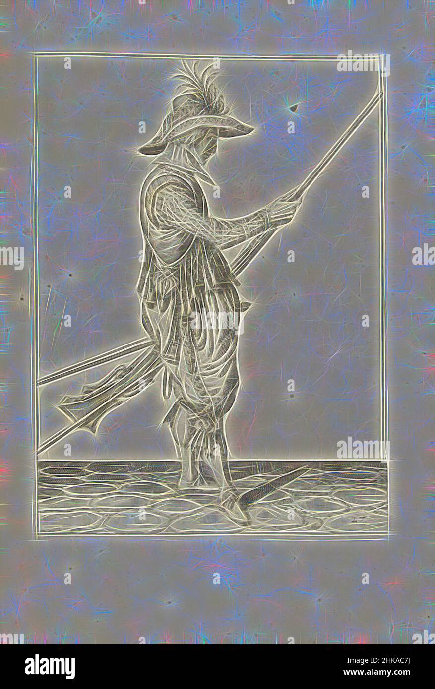 Inspiré par Soldier poussant la poudre et la balle dans le canon de son musket avec son ramrod (no 27), c. 1600, Un soldat, pleine longueur, à droite, tenant un mousquet (un certain type d'arme à feu) avec sa main gauche près de sa cuisse gauche et apportant son ramrod dans le canon avec sa main droite, pour pousser, réimaginé par Artotop. L'art classique réinventé avec une touche moderne. Conception de lumière chaleureuse et gaie, de luminosité et de rayonnement de lumière. La photographie s'inspire du surréalisme et du futurisme, embrassant l'énergie dynamique de la technologie moderne, du mouvement, de la vitesse et révolutionne la culture Banque D'Images