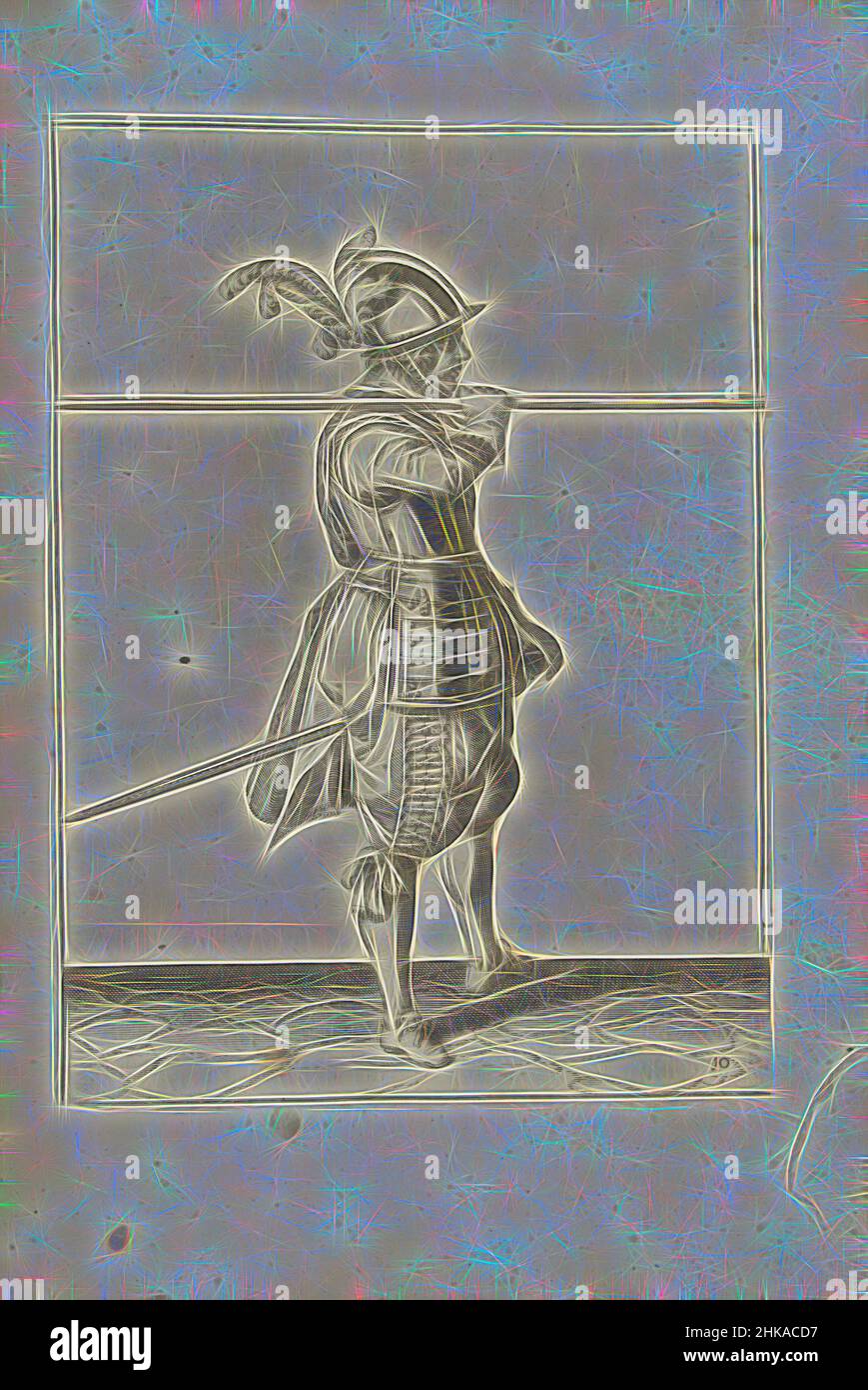 Inspiré par Soldier portant sa lance horizontalement sur son épaule droite (no 10), c. 1600, Un soldat, de pleine longueur, à droite, portant une lance horizontale sur son épaule droite (non 10), c. 1600. Sa main droite autour de la lance. C'est le troisième acte de soulever la lance à l'épaule, réimaginé par Artotop. L'art classique réinventé avec une touche moderne. Conception de lumière chaleureuse et gaie, de luminosité et de rayonnement de lumière. La photographie s'inspire du surréalisme et du futurisme, embrassant l'énergie dynamique de la technologie moderne, du mouvement, de la vitesse et révolutionne la culture Banque D'Images