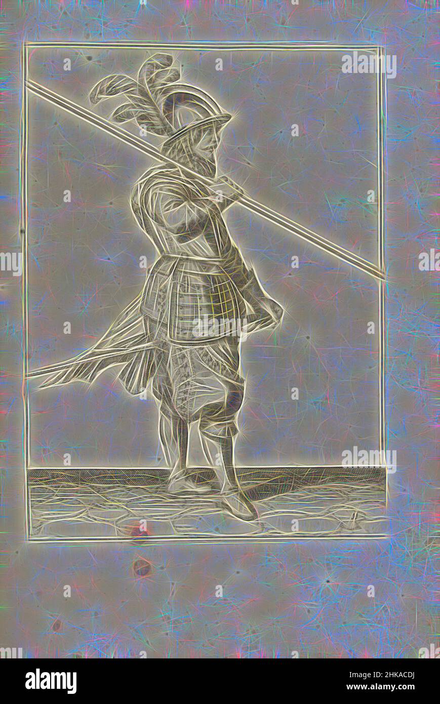 Inspiré par Soldier portant sa lance sur son épaule droite, le point dirigé obliquement vers le sol (non 11), c. 1600, Un soldat, pleine longueur, à droite, portant une lance sur son épaule droite, la pointe dirigée obliquement vers le sol (non 11), c. 1600. Sa main droite autour de la, repensée par Artotop. L'art classique réinventé avec une touche moderne. Conception de lumière chaleureuse et gaie, de luminosité et de rayonnement de lumière. La photographie s'inspire du surréalisme et du futurisme, embrassant l'énergie dynamique de la technologie moderne, du mouvement, de la vitesse et révolutionne la culture Banque D'Images