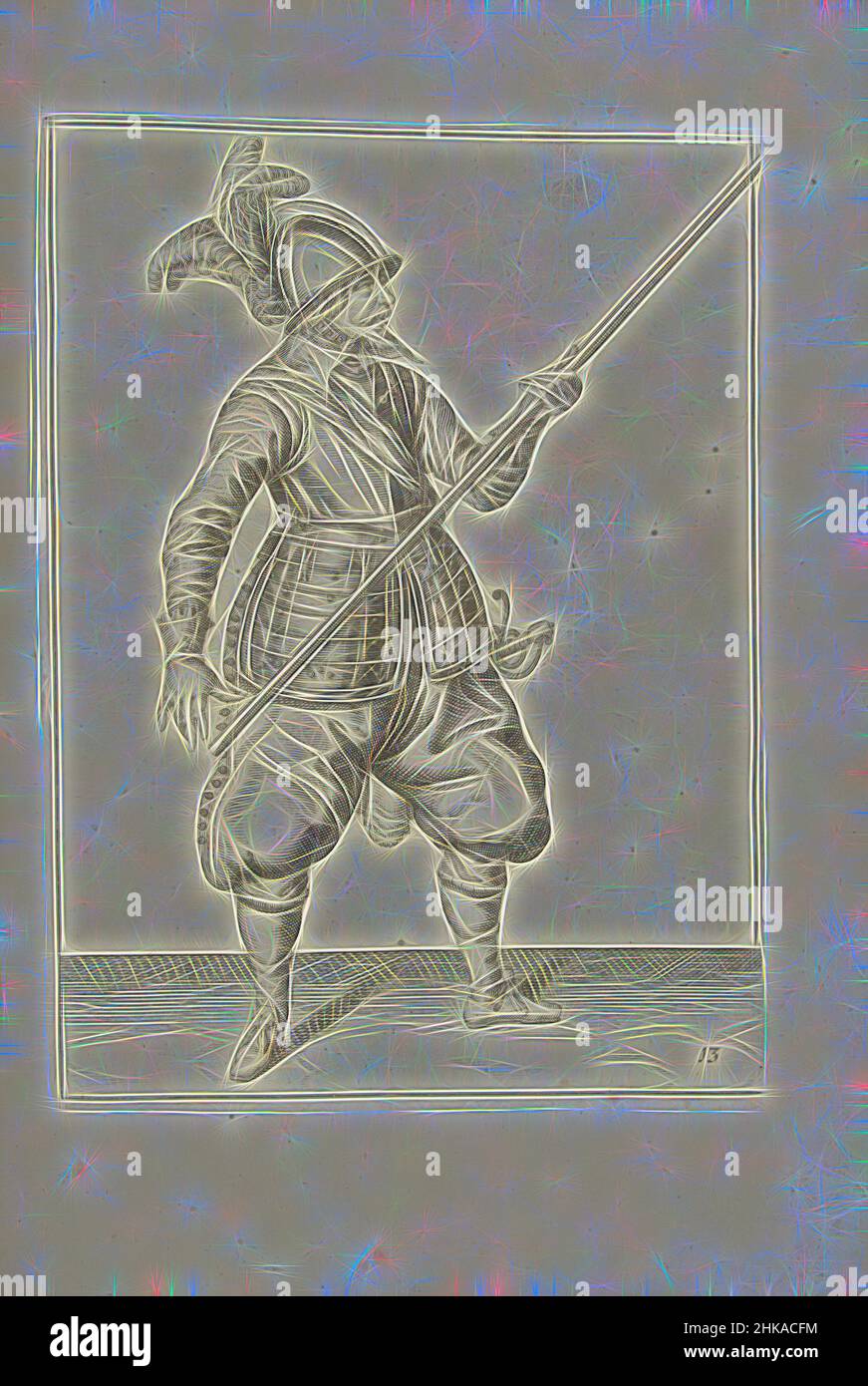 Inspiré par Soldier portant sa lance avec sa main gauche par son côté droit, le point soulevé en diagonale (non 13), c. 1600, Un soldat, pleine longueur, portant une lance (lance) avec sa main gauche par son côté droit, la pointe soulevée en diagonale (non 13), c. 1600. C'est le deuxième acte pour abaisser le, réimaginé par Artotop. L'art classique réinventé avec une touche moderne. Conception de lumière chaleureuse et gaie, de luminosité et de rayonnement de lumière. La photographie s'inspire du surréalisme et du futurisme, embrassant l'énergie dynamique de la technologie moderne, du mouvement, de la vitesse et révolutionne la culture Banque D'Images