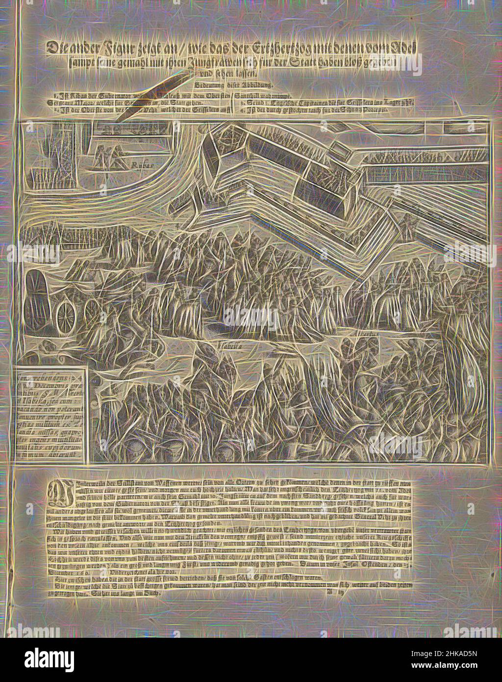 Inspiré par le siège d'Ostende : l'armistice du 24 au 25 décembre 1601, Die ander Figur zeigt an, wie das der Ertzhertzog mit denen vom Adel sampt seine gemahl mit ihren Jungfrawen sich fur der Statt haben bloß gegeben und sehen lassen, The Armistice, du 24 au 25 décembre 1601. Isabella et Albrecht show, réimaginé par Artotop. L'art classique réinventé avec une touche moderne. Conception de lumière chaleureuse et gaie, de luminosité et de rayonnement de lumière. La photographie s'inspire du surréalisme et du futurisme, embrassant l'énergie dynamique de la technologie moderne, du mouvement, de la vitesse et révolutionne la culture Banque D'Images