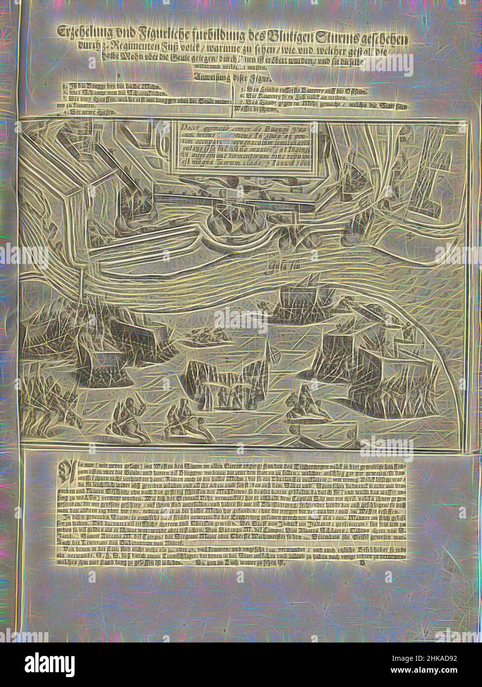 Inspiré par Siege of Ostende : cirage par Bucquoy le 7 janvier 1602, Erzehelung und Figurliche furbildung des Blutigen Sturms geschehen durch 3. Regimenten Fuß volck, warinne zu sehen, wie und welcher gestalt die halbe Mohn uber die Geule gelegen, durch inhen eröbert wurden, sie dieselbe widerbib, repensé par Artotop. L'art classique réinventé avec une touche moderne. Conception de lumière chaleureuse et gaie, de luminosité et de rayonnement de lumière. La photographie s'inspire du surréalisme et du futurisme, embrassant l'énergie dynamique de la technologie moderne, du mouvement, de la vitesse et révolutionne la culture Banque D'Images