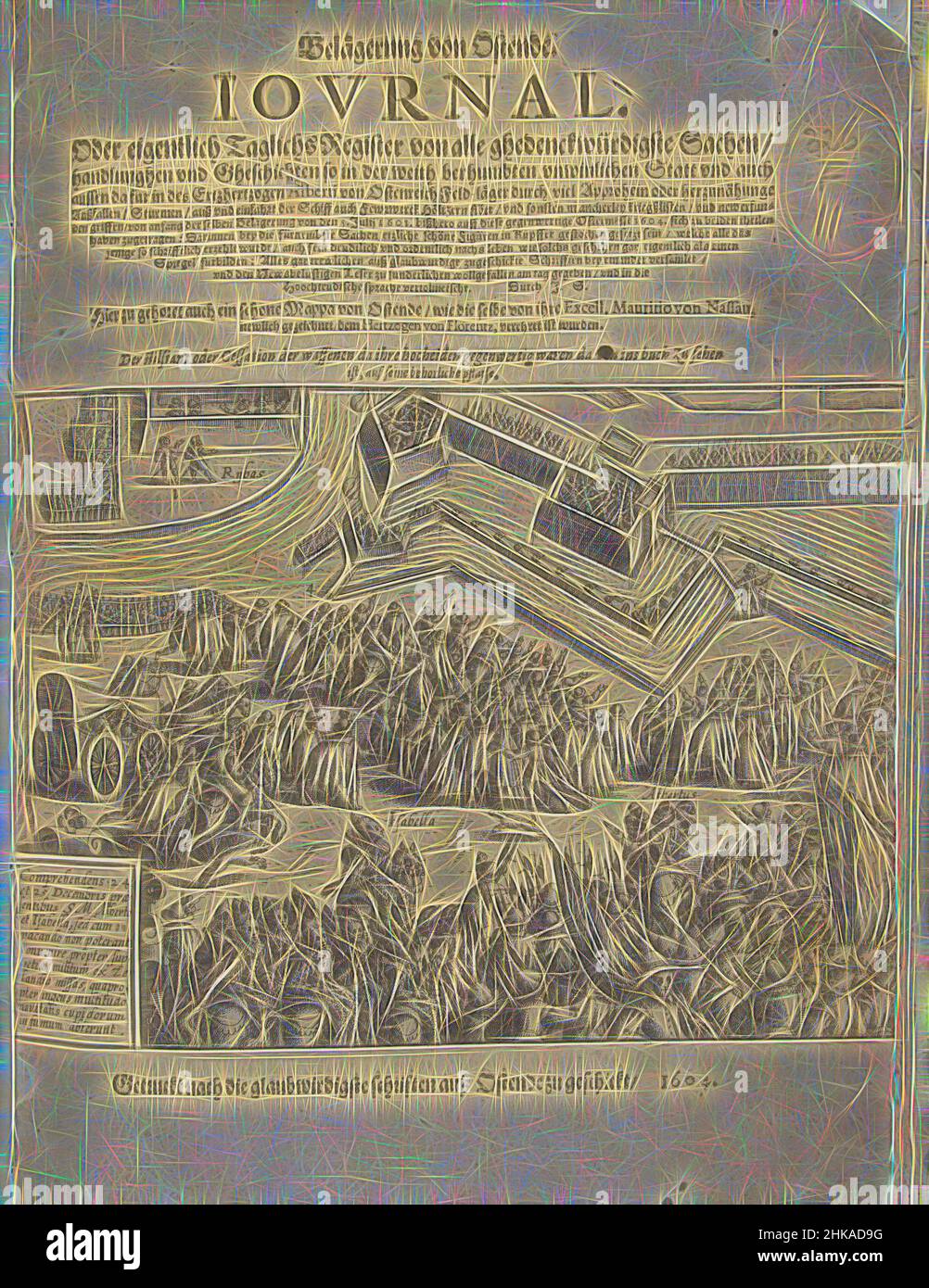 Inspiré par Siege of Ostende : imprimé du titre montrant la trêve du 24 au 25 décembre 1601, imprimé du titre montrant la trêve du 24 au 25 décembre 1601. Isabella et Albrecht se montrent parmi une grande foule en face de la ville assiégée. En bas à gauche une cartouche avec une inscription en latin. Au-dessus de l'imprimé, repensé par Artotop. L'art classique réinventé avec une touche moderne. Conception de lumière chaleureuse et gaie, de luminosité et de rayonnement de lumière. La photographie s'inspire du surréalisme et du futurisme, embrassant l'énergie dynamique de la technologie moderne, du mouvement, de la vitesse et révolutionne la culture Banque D'Images