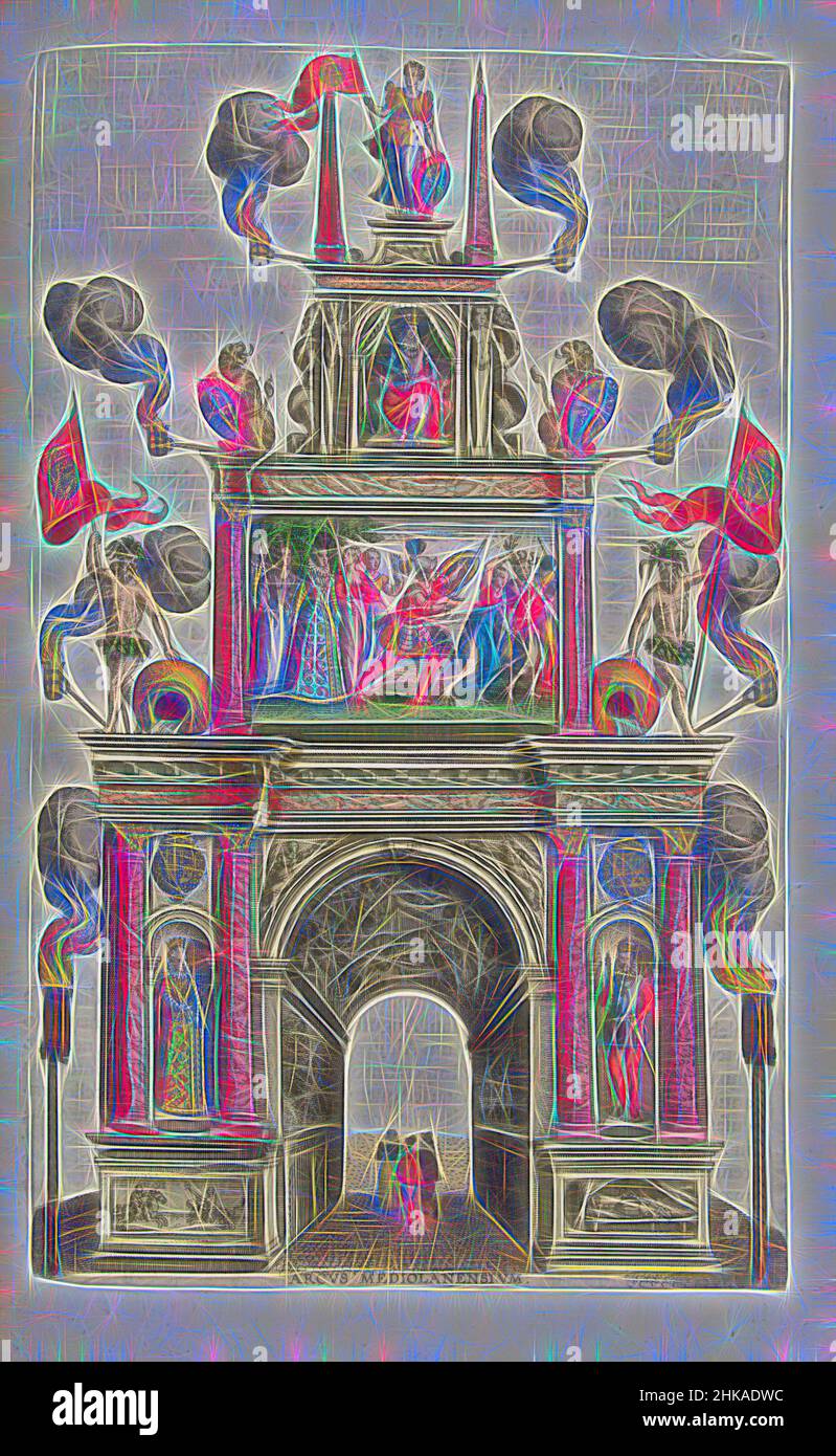 Inspiré par la porte du triomphe de Milan, 1599, Arcus Mediolanensium, porte du triomphe de Milan, décembre 1599. Porte triomphale décorée d'une représentation allégorique dans laquelle Albrecht dissipe les Furies. Sur la gauche et la droite de la porte des dieux de rivière avec des bannières portant les bras de Philippe II Installé à Lange, repensé par Artotop. L'art classique réinventé avec une touche moderne. Conception de lumière chaleureuse et gaie, de luminosité et de rayonnement de lumière. La photographie s'inspire du surréalisme et du futurisme, embrassant l'énergie dynamique de la technologie moderne, du mouvement, de la vitesse et révolutionne la culture Banque D'Images