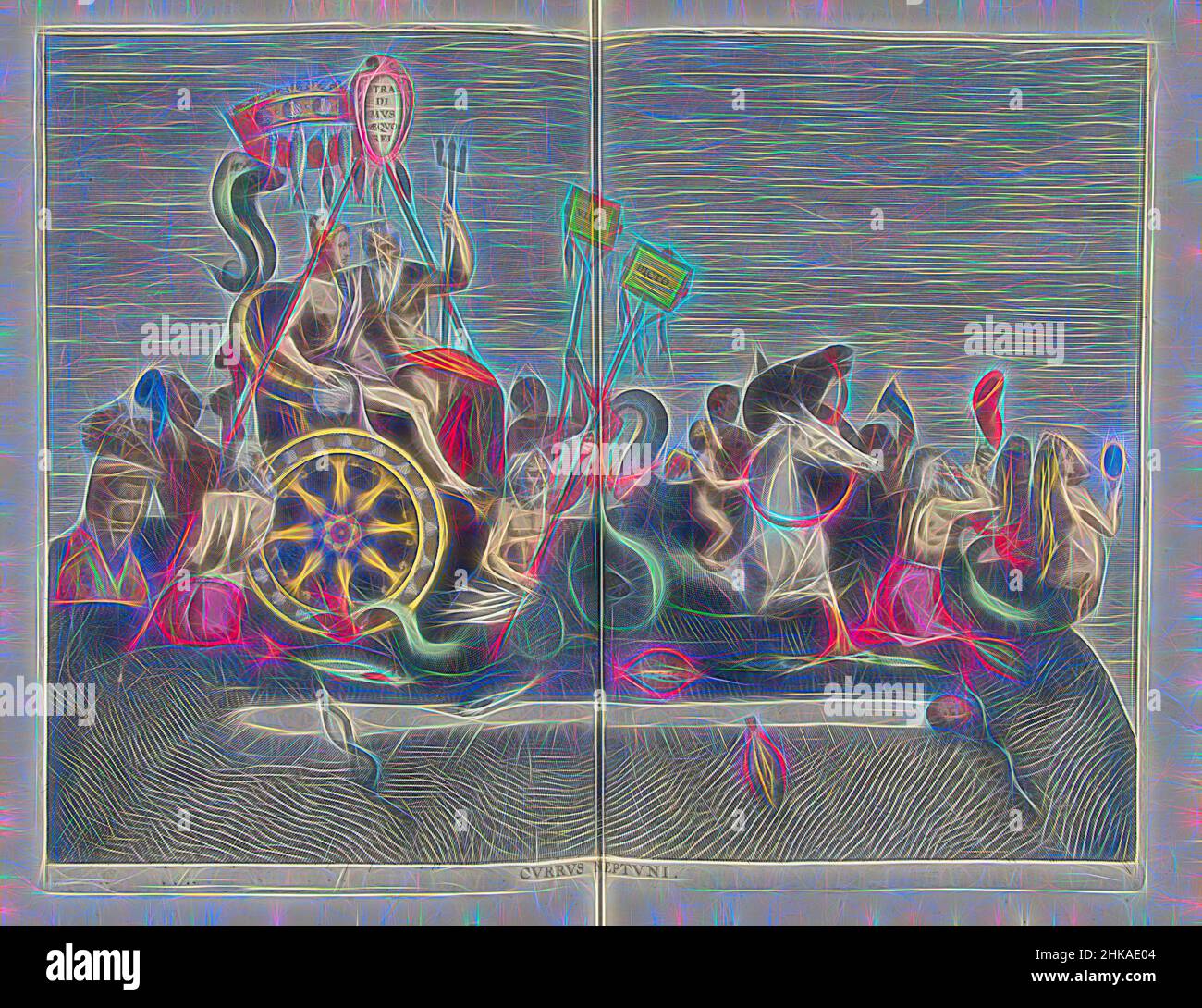 Inspiré par le char Triumphal de Neptune, 1599, Currus Neptuni, char Triumphal de Neptune, décembre 1599. Char ou scène sous forme de char triomphal avec Neptune et Amphitrite, tiré par deux hippocampes et accompagné de toutes sortes de créatures marines, de mermen et de mermaids. Au cours de l'entrée, réimaginé par Artotop. L'art classique réinventé avec une touche moderne. Conception de lumière chaleureuse et gaie, de luminosité et de rayonnement de lumière. La photographie s'inspire du surréalisme et du futurisme, embrassant l'énergie dynamique de la technologie moderne, du mouvement, de la vitesse et révolutionne la culture Banque D'Images