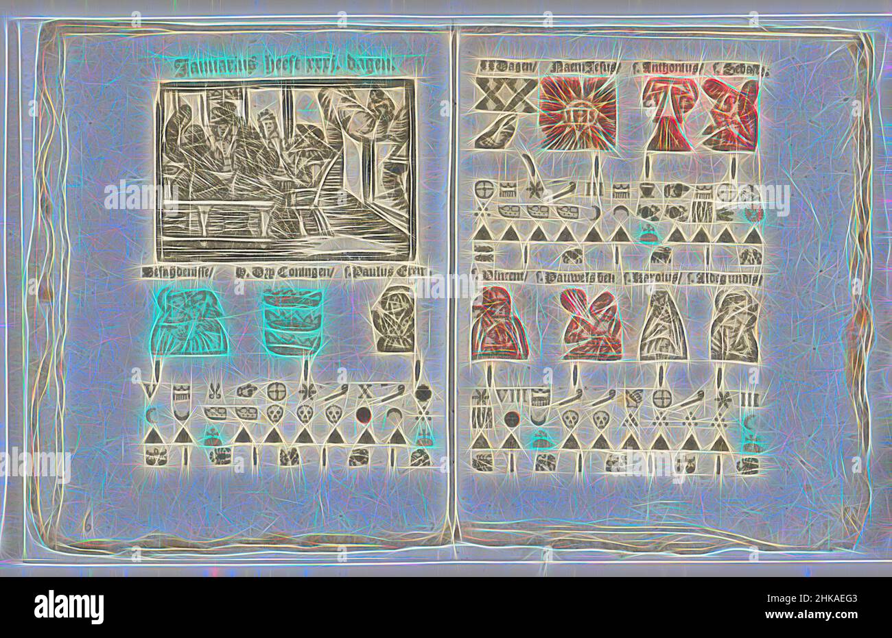 Inspiré par pages contenant la prévision pour le mois de janvier 1712, deux pages contenant la prévision pour le mois de janvier. Avec une représentation du repas Epiphany. Dans les agriculteurs oft Schapers Almanac pour l'année 1712., imprimeur:, éditeur: Weduwe Segers, imprimeur: Southern, réimaginé par Artotop. L'art classique réinventé avec une touche moderne. Conception de lumière chaleureuse et gaie, de luminosité et de rayonnement de lumière. La photographie s'inspire du surréalisme et du futurisme, embrassant l'énergie dynamique de la technologie moderne, du mouvement, de la vitesse et révolutionne la culture Banque D'Images