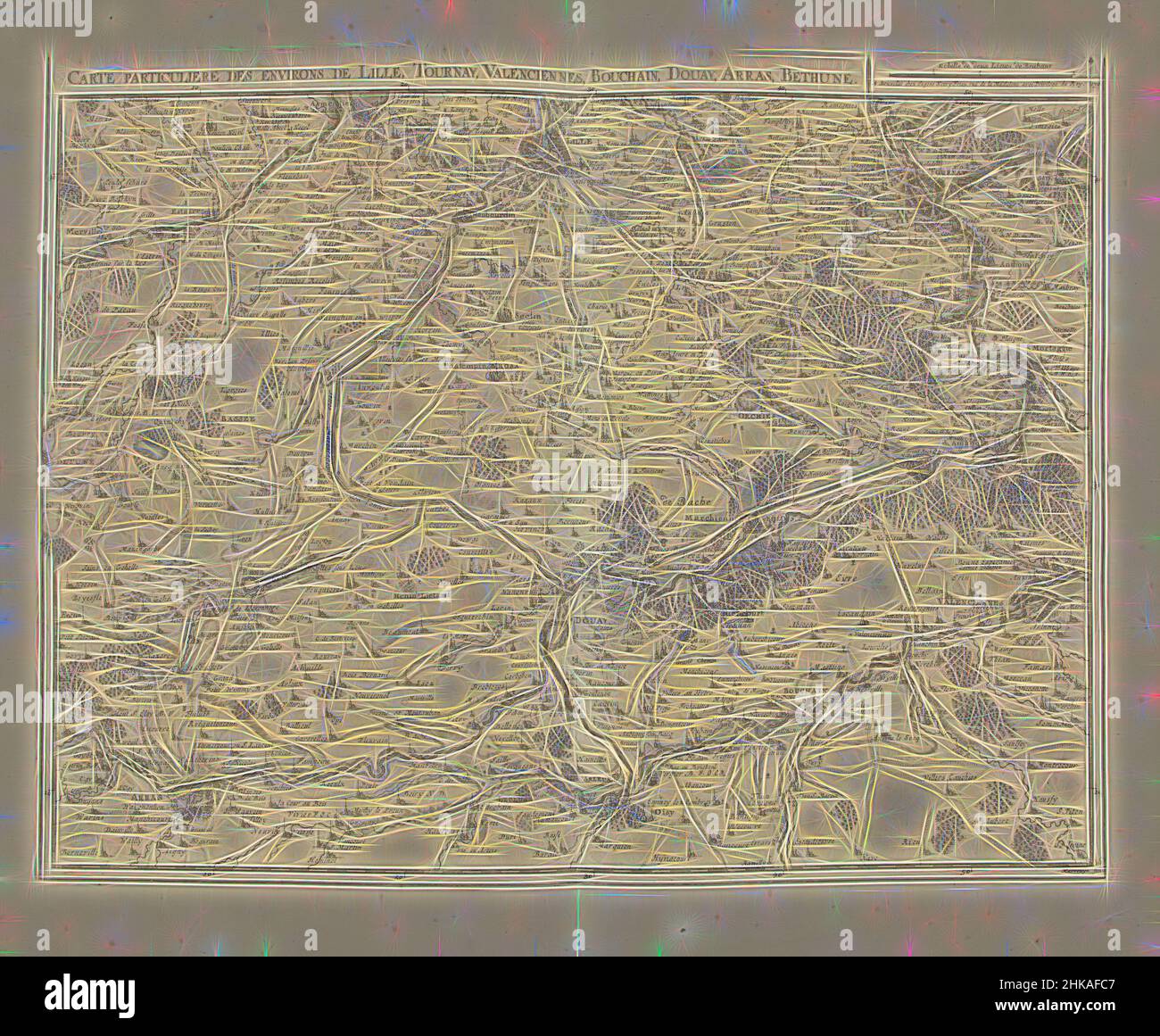 Inspiré par la carte du Nord de la France, 1711, carte particulière des environs de Lille, Tournay, Valenciennes, Bouchain, Douay, Arras, Bethune, carte du Nord de la France avec les villes de Lille, Tournai, Valenciennes, Bouchain, Douai, Arras et Béthune, 1711. Fait partie d'une collection groupée de plans de batailles, réinventés par Artotop. L'art classique réinventé avec une touche moderne. Conception de lumière chaleureuse et gaie, de luminosité et de rayonnement de lumière. La photographie s'inspire du surréalisme et du futurisme, embrassant l'énergie dynamique de la technologie moderne, du mouvement, de la vitesse et révolutionne la culture Banque D'Images