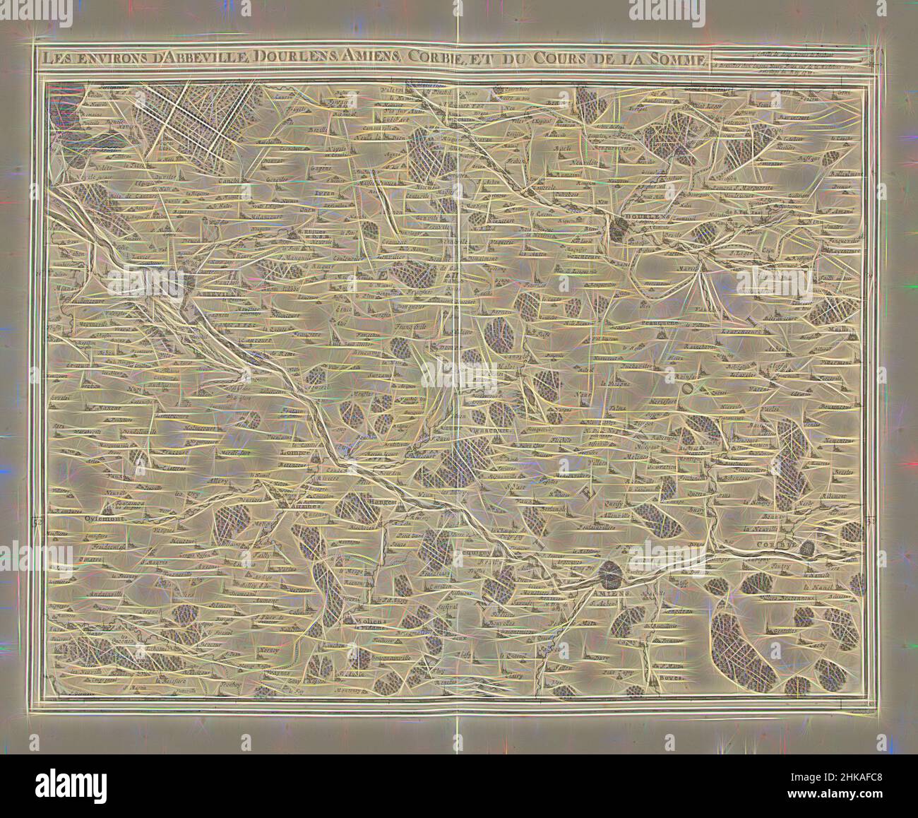 Inspiré par la carte du nord de la France avec le cours de la somme, 1710, les environs d'Abbeville, Dourlens, Amiens, Corbie, et du cours de la somme, carte du nord de la France avec la région autour du cours de la somme, 1710. Fait partie d'une collection groupée de plans de batailles et de villes célèbres dans, réimaginé par Artotop. L'art classique réinventé avec une touche moderne. Conception de lumière chaleureuse et gaie, de luminosité et de rayonnement de lumière. La photographie s'inspire du surréalisme et du futurisme, embrassant l'énergie dynamique de la technologie moderne, du mouvement, de la vitesse et révolutionne la culture Banque D'Images