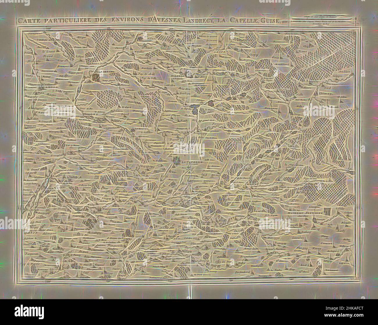 Inspiré par la carte du Nord de la France, 1712, carte particulière des environs d'Avesnes, Landrecy, la Capelle, guise, etc., Carte du nord de la France avec les villes d'Avesnes, Landrecies, la Capelle et Guise, 1712. Fait partie d'une collection groupée de plans de batailles et de villes renommées dans la guerre de la, repensée par Artotop. L'art classique réinventé avec une touche moderne. Conception de lumière chaleureuse et gaie, de luminosité et de rayonnement de lumière. La photographie s'inspire du surréalisme et du futurisme, embrassant l'énergie dynamique de la technologie moderne, du mouvement, de la vitesse et révolutionne la culture Banque D'Images
