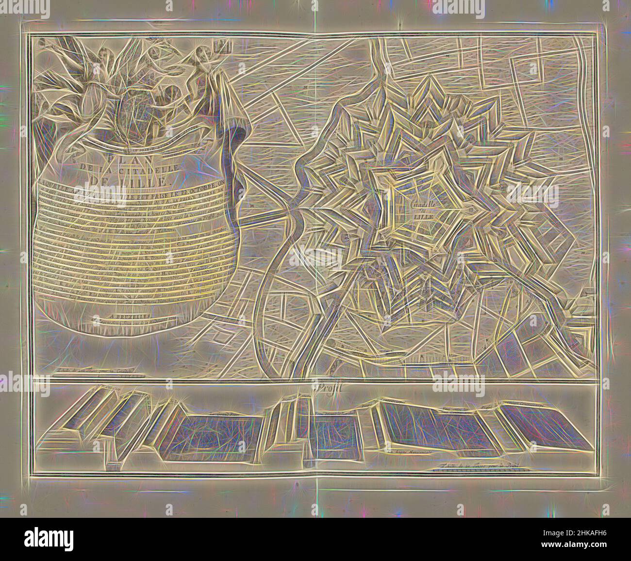 Inspiré par le Plan de la citadelle de Lille, 1708, Plan de la citadelle de Lille. Laquelle, après que la ville ait fait levier le 22. octobre, sur une aussi commentée d'attaquer (...), Plan de la citadelle de Lille (Rijssel), assiégée à partir d'octobre 22 par les alliés sous le prince Eugenius de Savoie et capturée, réimaginée par Artop. L'art classique réinventé avec une touche moderne. Conception de lumière chaleureuse et gaie, de luminosité et de rayonnement de lumière. La photographie s'inspire du surréalisme et du futurisme, embrassant l'énergie dynamique de la technologie moderne, du mouvement, de la vitesse et révolutionne la culture Banque D'Images