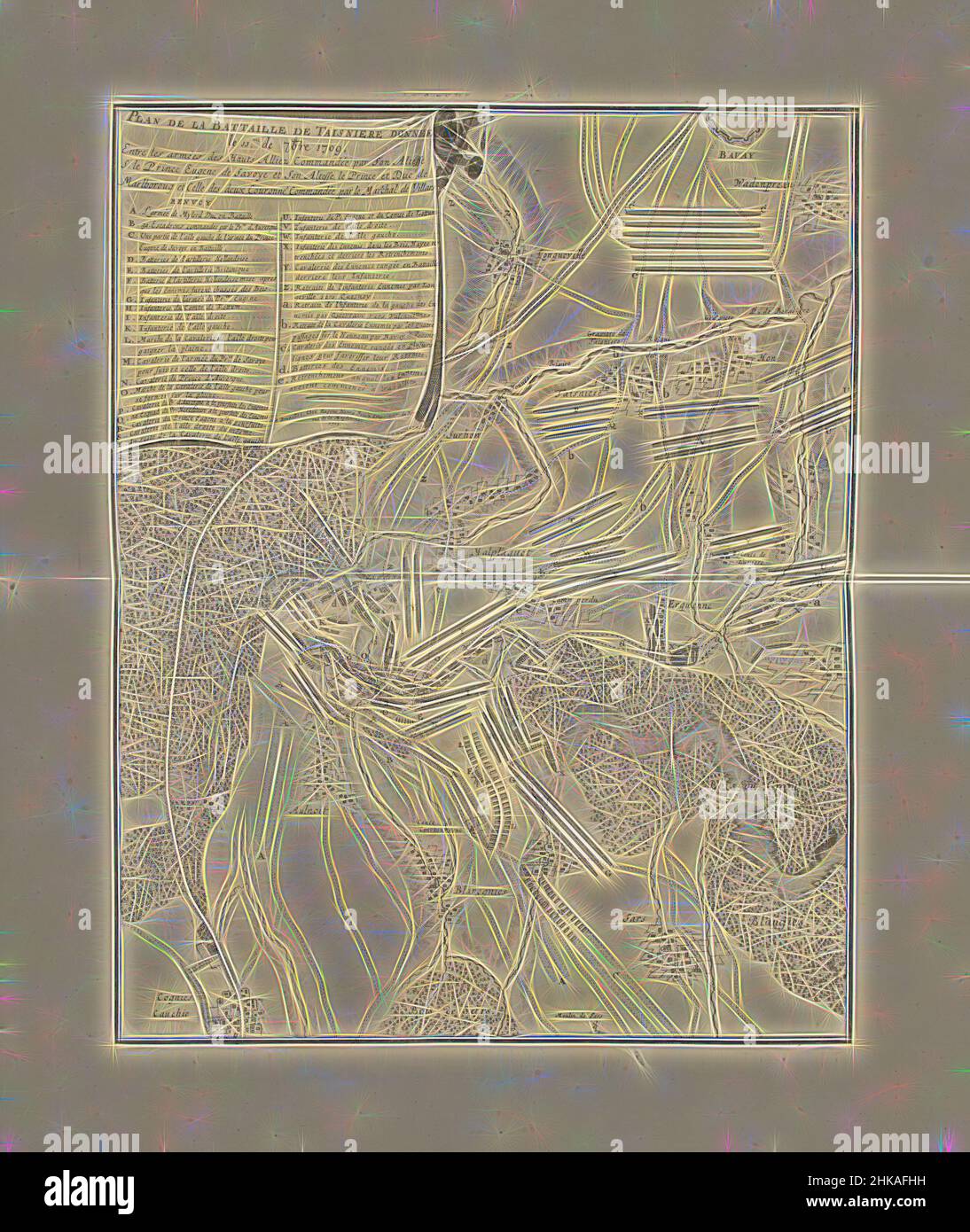 Inspiré par la bataille de Malplaquet, 1709, Plan de la bataille de Taisniere ennée le 11me de 7bre 1709, bataille de Malplaquet, entre les alliés sous le duc de Marlborough et le prince de Savoie et les Français, 11 septembre 1709. La drapery supérieure gauche avec le titre et la légende A-e en français. Partie d'un groupé, repensé par Artotop. L'art classique réinventé avec une touche moderne. Conception de lumière chaleureuse et gaie, de luminosité et de rayonnement de lumière. La photographie s'inspire du surréalisme et du futurisme, embrassant l'énergie dynamique de la technologie moderne, du mouvement, de la vitesse et révolutionne la culture Banque D'Images