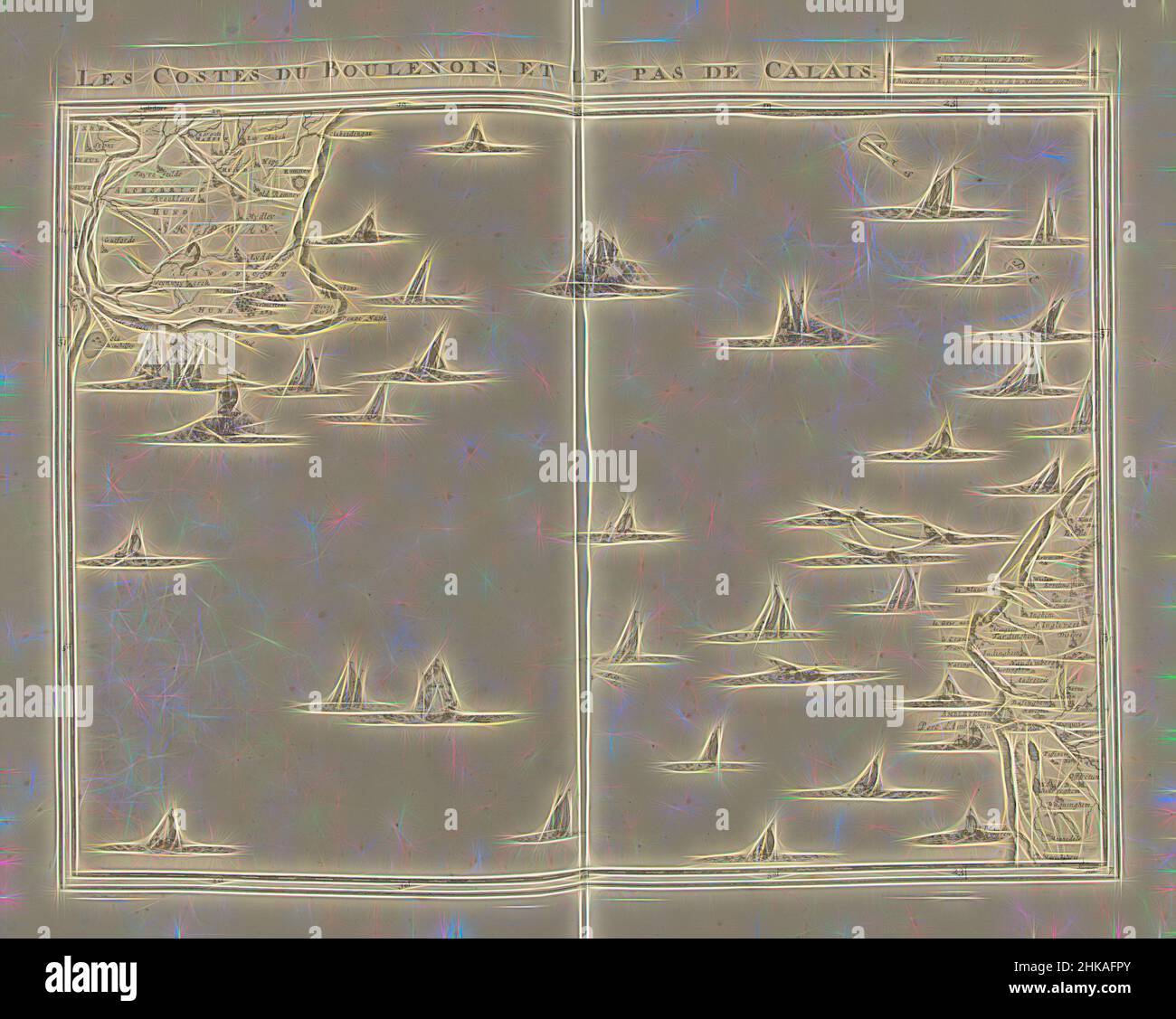Inspiré par la carte du détroit de Calais, 1709, les Costes du Boulenois, et le pas de Calais, carte du détroit de Calais, 1709. Partie d'une collection groupée de plans de batailles et de villes célèbres dans la guerre de succession espagnole. Cette plaque est parmi les 24 premières plaques qui composent un très grand, repensé par Artotop. L'art classique réinventé avec une touche moderne. Conception de lumière chaleureuse et gaie, de luminosité et de rayonnement de lumière. La photographie s'inspire du surréalisme et du futurisme, embrassant l'énergie dynamique de la technologie moderne, du mouvement, de la vitesse et révolutionne la culture Banque D'Images