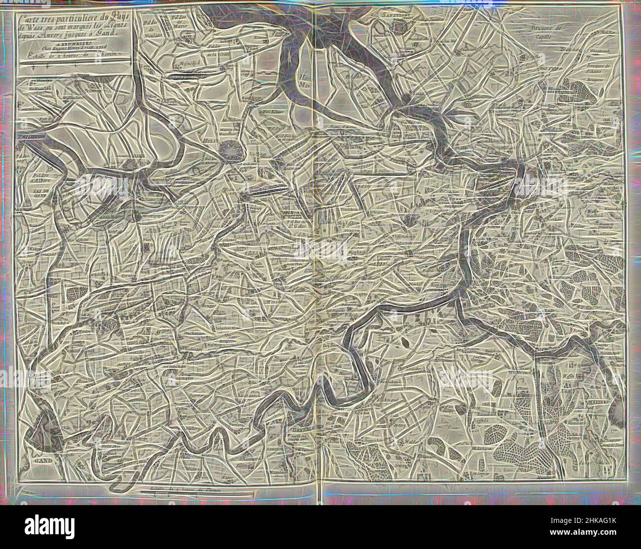 Inspiré par la carte du Waasland, 1706, carte tres-particulaire du Paijs de Waes, ou sont marqués les Lignes depuis Anvers justices a Gand, carte du Waasland sur laquelle sont indiquées les lignes de défense de la guerre de succession espagnole. En haut à gauche une cartouche avec titre et échelle: Echelle de 2 heures, réimaginée par Artotop. L'art classique réinventé avec une touche moderne. Conception de lumière chaleureuse et gaie, de luminosité et de rayonnement de lumière. La photographie s'inspire du surréalisme et du futurisme, embrassant l'énergie dynamique de la technologie moderne, du mouvement, de la vitesse et révolutionne la culture Banque D'Images