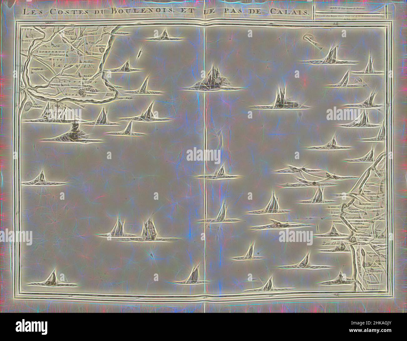 Inspiré par la carte du détroit de Douvres, 1709, les Costes du Boulenois, et le pas de Calais, carte du détroit de Douvres, 1709. Partie d'une collection groupée de plans de batailles et de villes célèbres dans la guerre de succession espagnole. Cette plaque est parmi les 24 premières plaques qui composent un très grand, repensé par Artotop. L'art classique réinventé avec une touche moderne. Conception de lumière chaleureuse et gaie, de luminosité et de rayonnement de lumière. La photographie s'inspire du surréalisme et du futurisme, embrassant l'énergie dynamique de la technologie moderne, du mouvement, de la vitesse et révolutionne la culture Banque D'Images