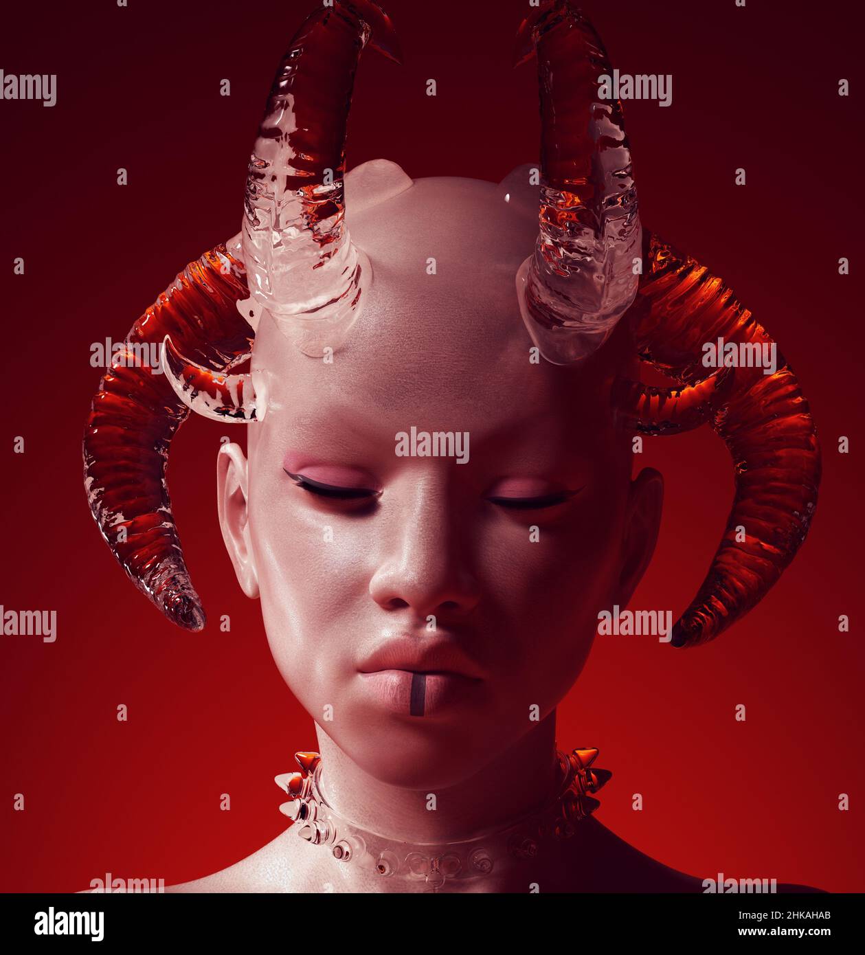 Diable femme verre Horned Ange tombé Femme démon Beast Beauté mode CG Avatar caractère 3D illustration rendu Banque D'Images